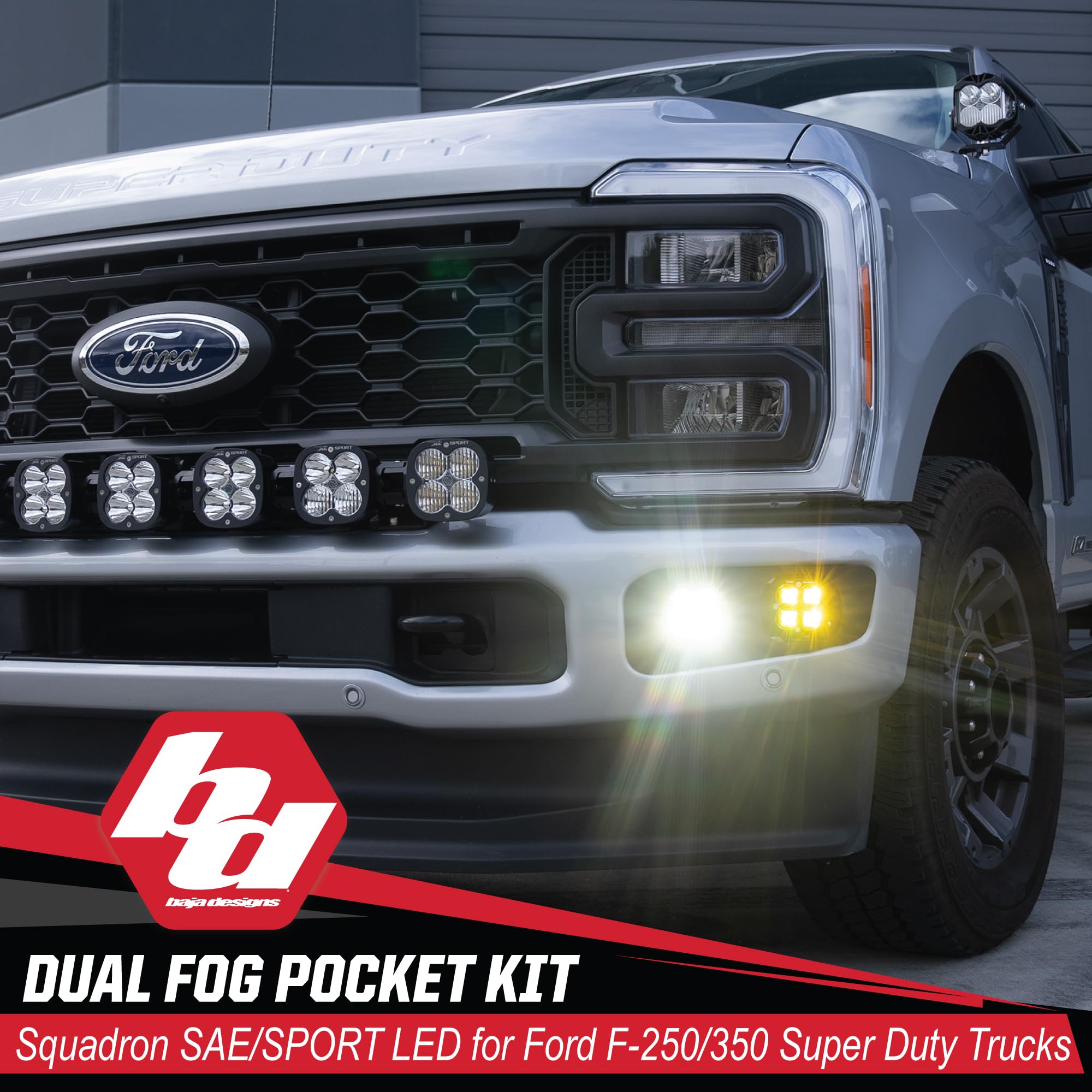 Baja Designs Fog Pocket Light Kit Dual Squadron Sport SAE for Ford Super Duty Truck 23-On with Toggle Harness, Amber