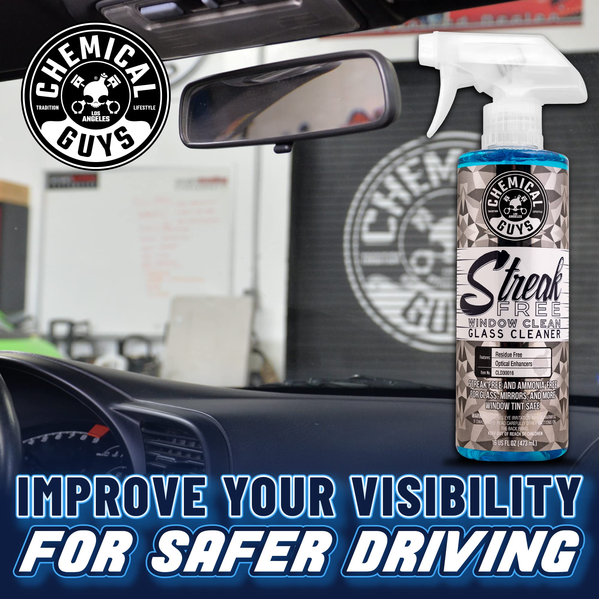 Chemical Guys Streak Free CLD30016 Glass & Window Cleaner (Works on Glass, Windows, Mirrors, Navigation Screens & More; Car, Truck, SUV and Home Use), Ammonia Free & Safe on Tinted Windows, 16 fl oz