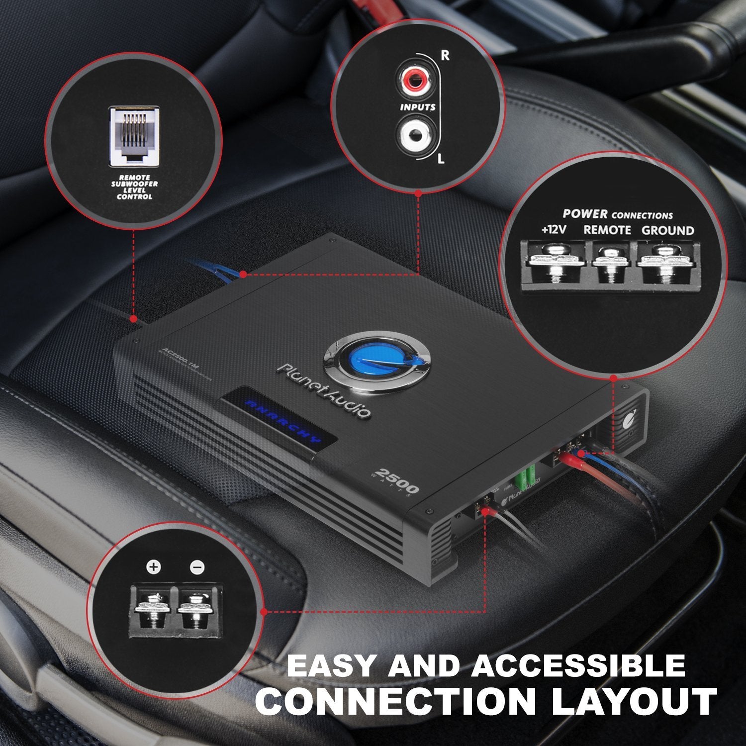 Planet Audio Monoblock AC2500.1M Car Amplifier - 2500 Watts Max Power, 2/4 Ohm Stable, Class A/B, Mosfet Power Supply, Remote Subwoofer Control