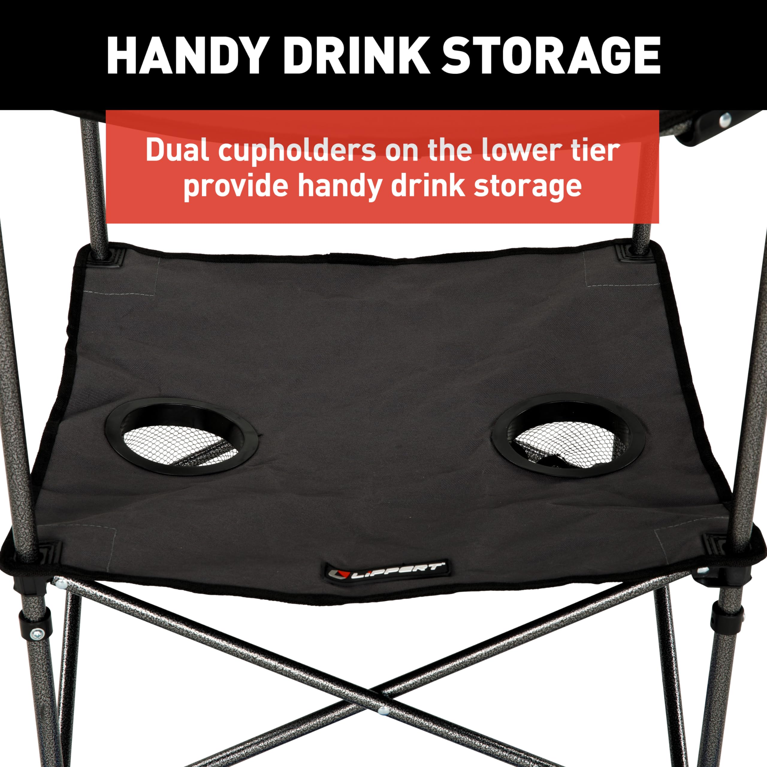 Dark Grey Lippert Two-Tier Folding Camping Table with Dual Cupholders, 600D Polyester Fabric, Powder-Coated Steel Frame, Foldable Design, Lightweight Construction, Zippered Carry Bag - 2023053720