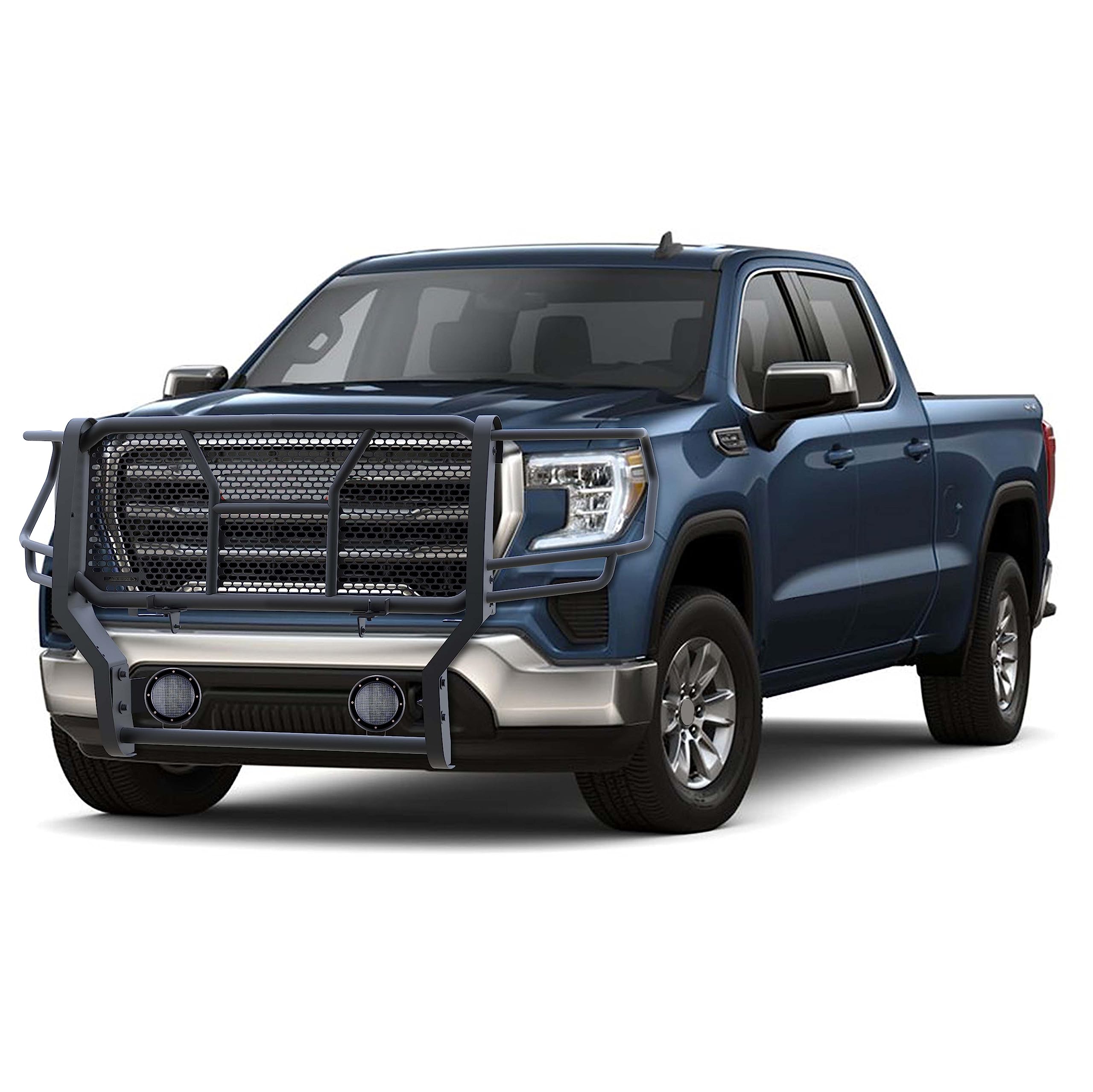 Heavy Duty Black Horse RUGGED Grille Brush Bumper Guard Modular Come with Pair of 5.3"LED Lights with Black Trim Rings Compatible with 2020-2023 GMC Sierra 2500 HD/3500 HD-RU-GMSI20-B-PLFB