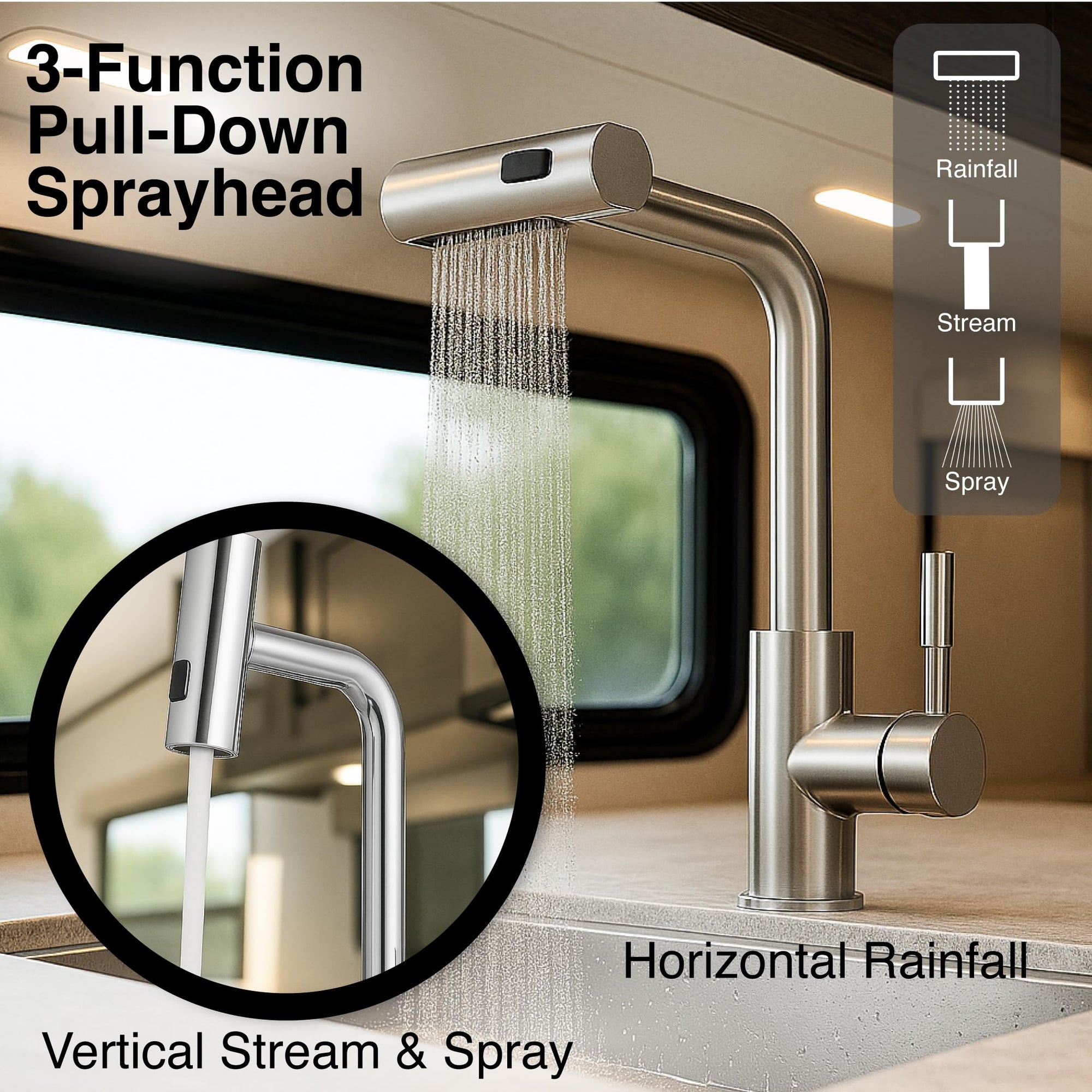 Dura Faucet Rainfall (DF-MK511X-SN) RV Kitchen Faucet – Satin Nickel, Dual-Mode Rotating Spray Head (Wide Waterfall & Stream), Single Lever Handle, Lead-Free, Easy Install Compact Sink Faucet