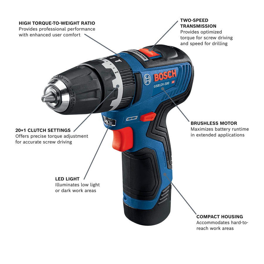 12V Max Bosch GSB12V-300B22 Brushless 3/8 In. Hammer Drill/Driver Kit with (2) 2.0 Ah Batteries
