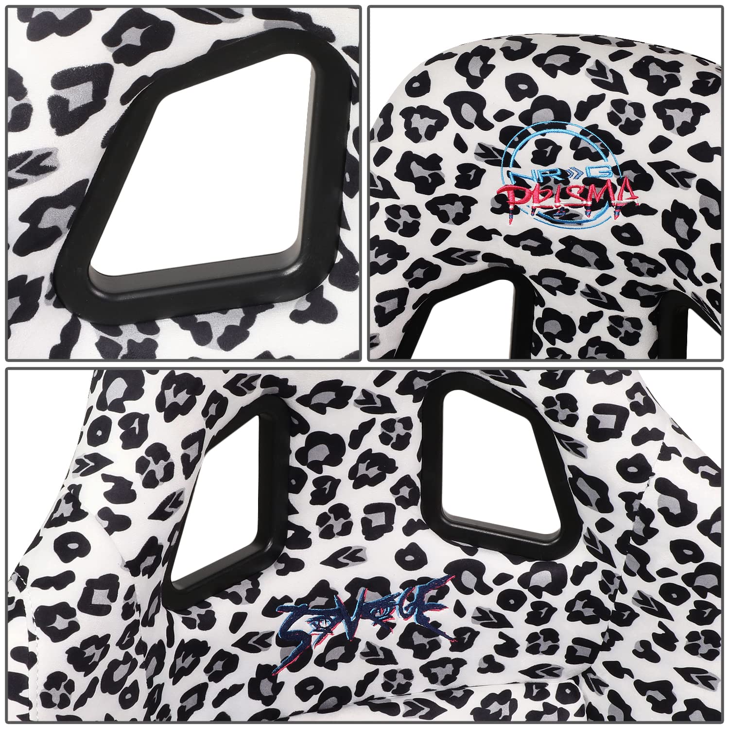 NRG Innovations Prisma FRP-303-WT-SAVAGE Fixed Back Bucket Racing Seat with Bottom Mount Bracket, White Savage Leopard Print Fabric/White Pearl Back