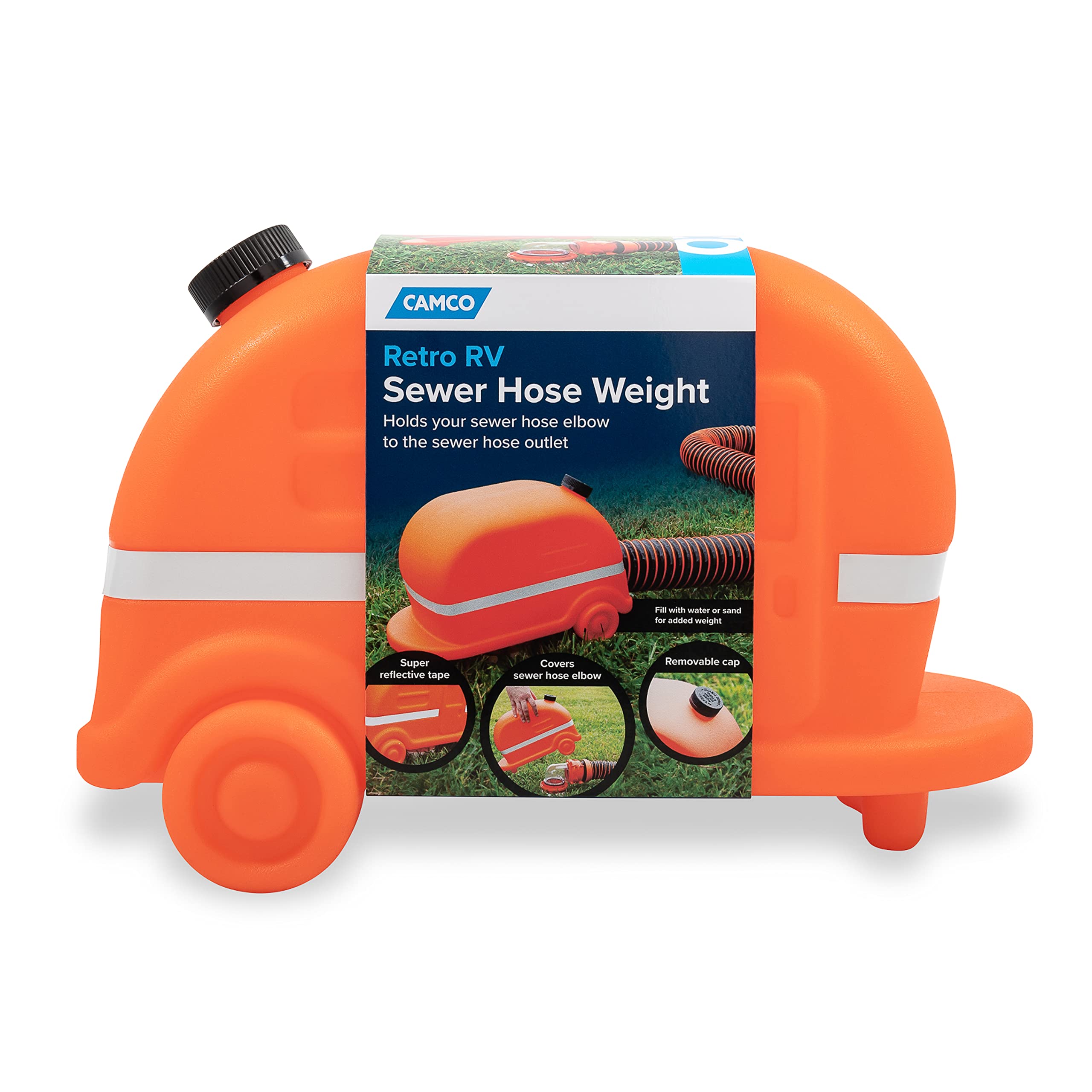Camco Retro Orange Camper RV Sewer Weight-Safely Secures Your 4-in-1 Adapter in Place at Dump Stations-Features a Fillable Tank and Reflective Tape (43100)
