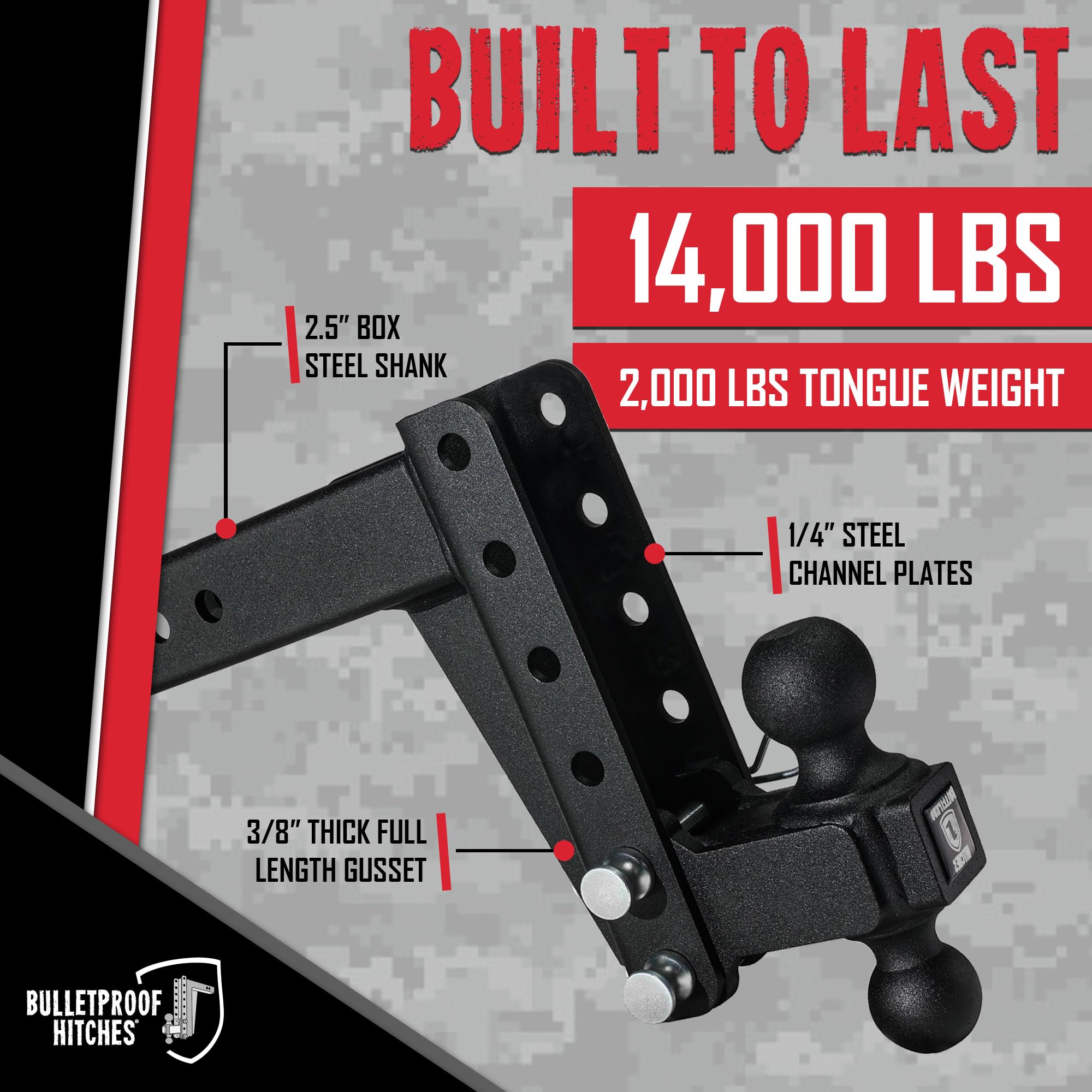 2.5" BulletProof Hitches Adjustable Medium Duty Trailer Hitch (14,000 lb. Rating) - 6" Drop/Rise Trailer Hitch with 2" & 2-5/16" Dual Ball - Powder Coat, Box Steel, Corrosion-Resistant