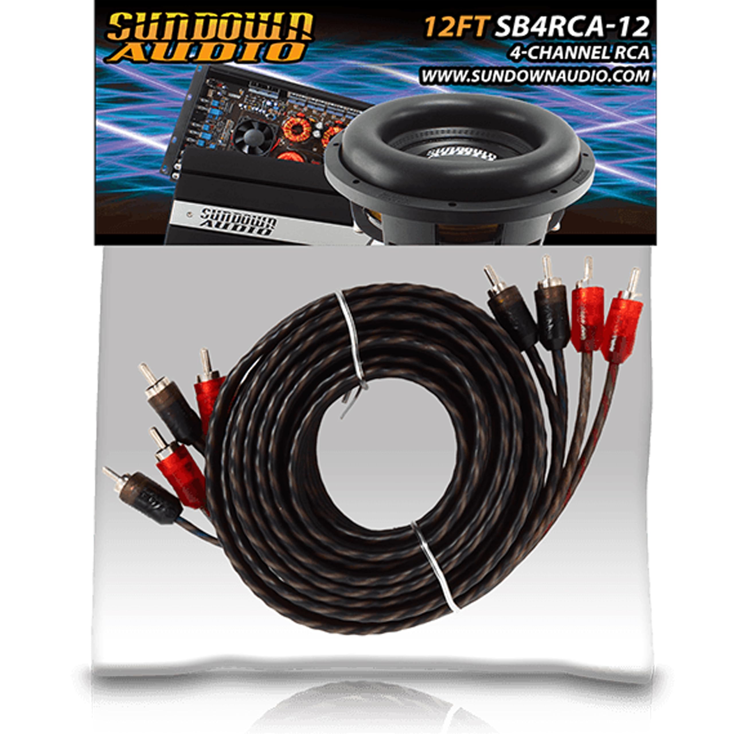 4 Channel Sundown Audio SB4-12 RCA Cable - 12FT Stereo Audio Interconnect, Twisted Pair, Solid Conductor, High-Fidelity Sound, Rugged PVC Jacket for Car & Home Theater