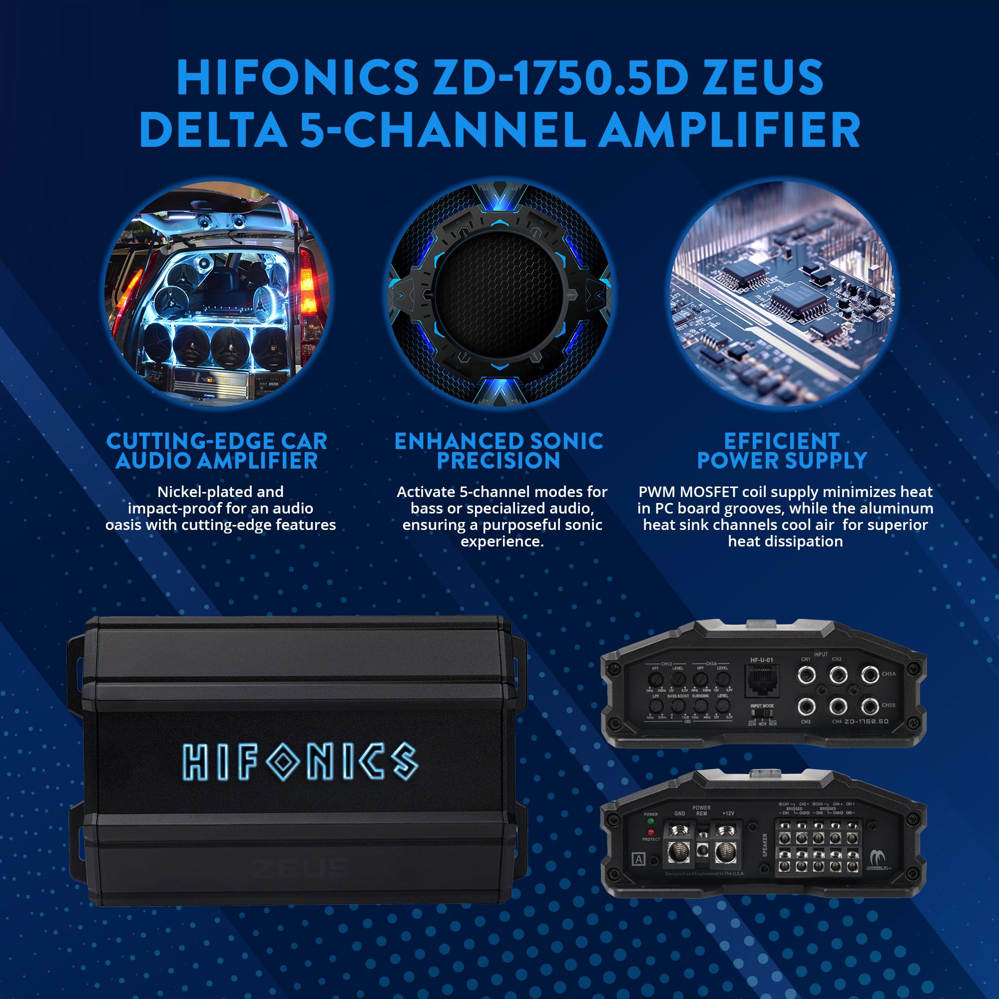 Hifonics 1,750 Watt Zeus Delta Compact 5 Channel Nickel Plated Mobile Car Audio Amplifier with Auto Turn On Feature, ZD-1750.5D, Black