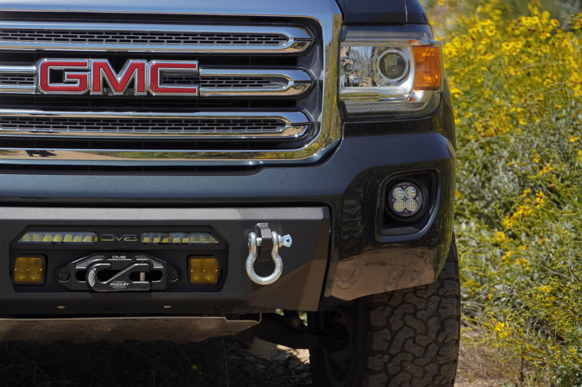 Winch Centric Front Bumper for the 2015-2020 GMC Canyon | Two D-Ring Mounts | One 20-Inch LED Light Bar Mount | Two 3-Inch Pod Light Mounts | Zip Tie Tabs | Micro-Texture Black Powder Coat Finish