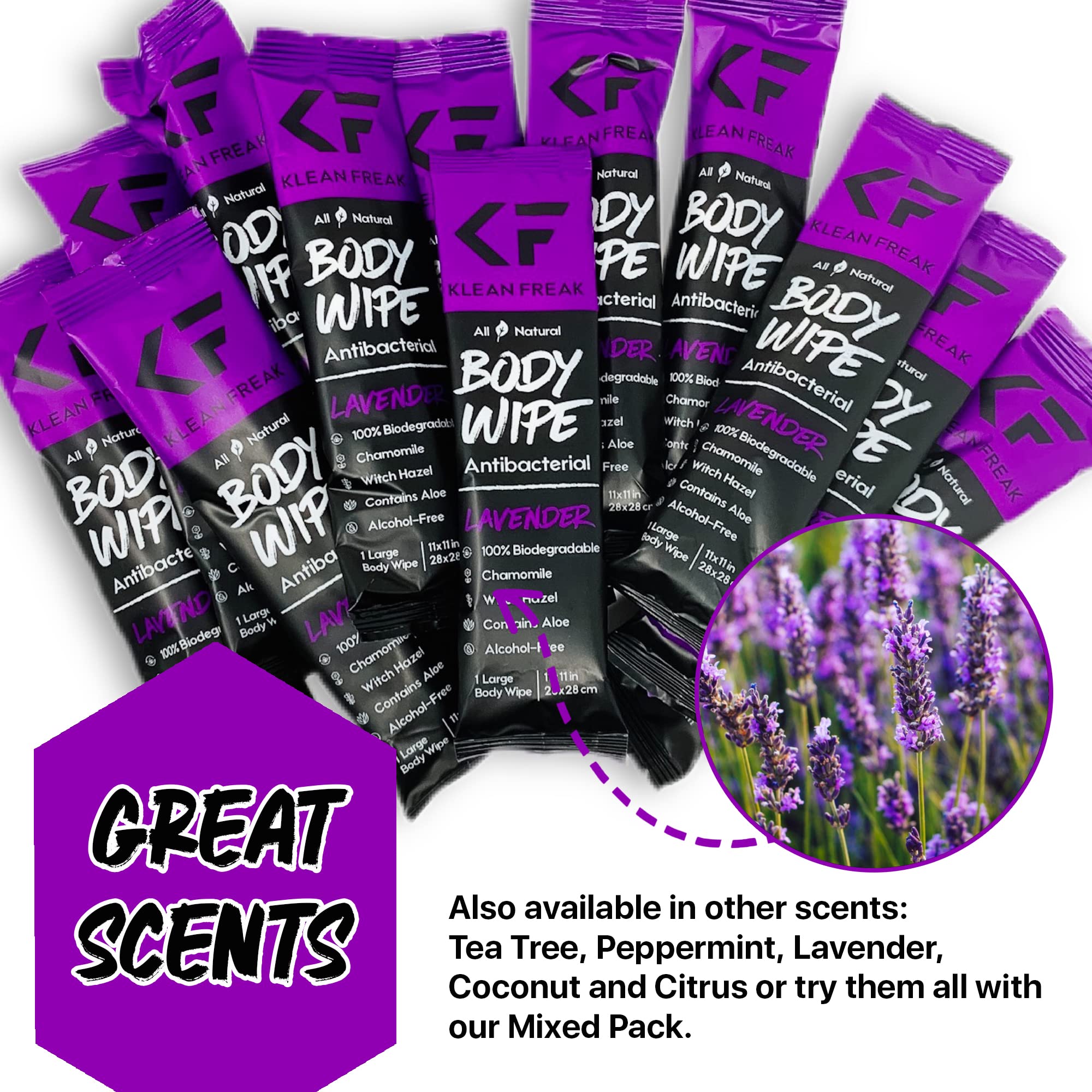 The Klean Freak Body Wipes - 12 count Wrapped Individually | Showerless Body Wipe for Women & Men | Sustainable Bodywipes for Gym, Travel, Camping | Lavender