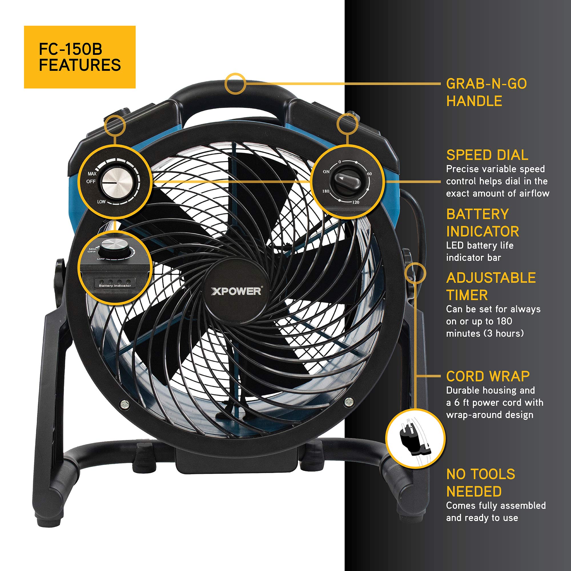Portable XPOWER FC-150B High Velocity AC/DC Dual Power Operated Portable Rechargeable Battery 18,200mAh Utility Fan, Extended Air Flow, 1000 CFM