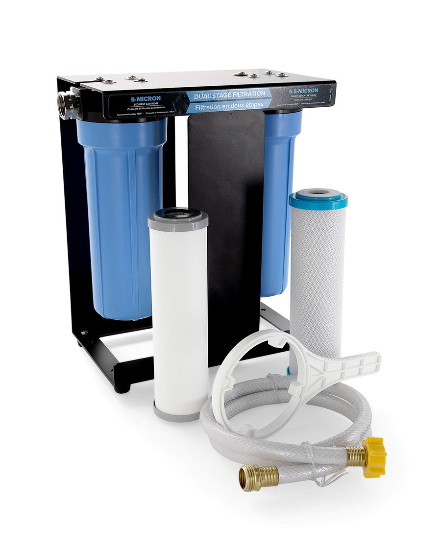 Camco Dual Stage EVO X2 RV & Camper Water Filter Kit - 2 Stage Filtration w/KDF & GAC - Filters Out Bad Taste, Odors, Lead, Bacteria & More - Provides Approx. 15,000 Gallons of Filtered Water (40639)