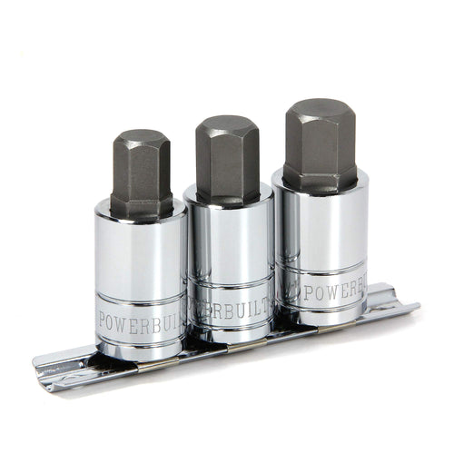 3 Piece Powerbuilt 1/2-Inch Drive Metric Hex Bit Socket Set – 12mm, 14mm, 17mm – S2 Steel Bits & Chrome Vanadium Sockets with Storage Rail – Corrosion-Resistant, Mirror Finish – 641862