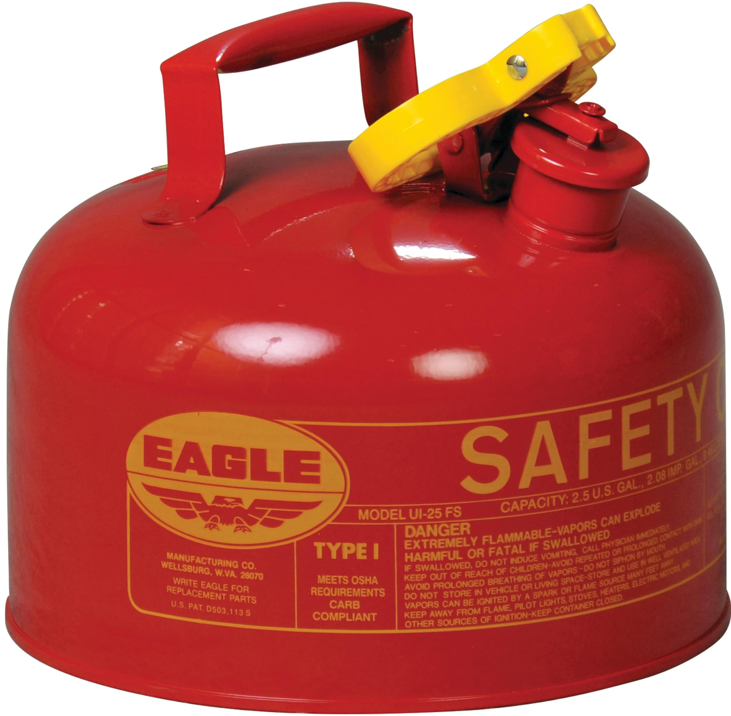 Eagle 2.5 Gallon Red Type I Safety Gas Can for Gasoline with Flame Arrester and Self-Closing Lid, Made in the USA, Galvanized Steel Flammable Storage Can, UI25S