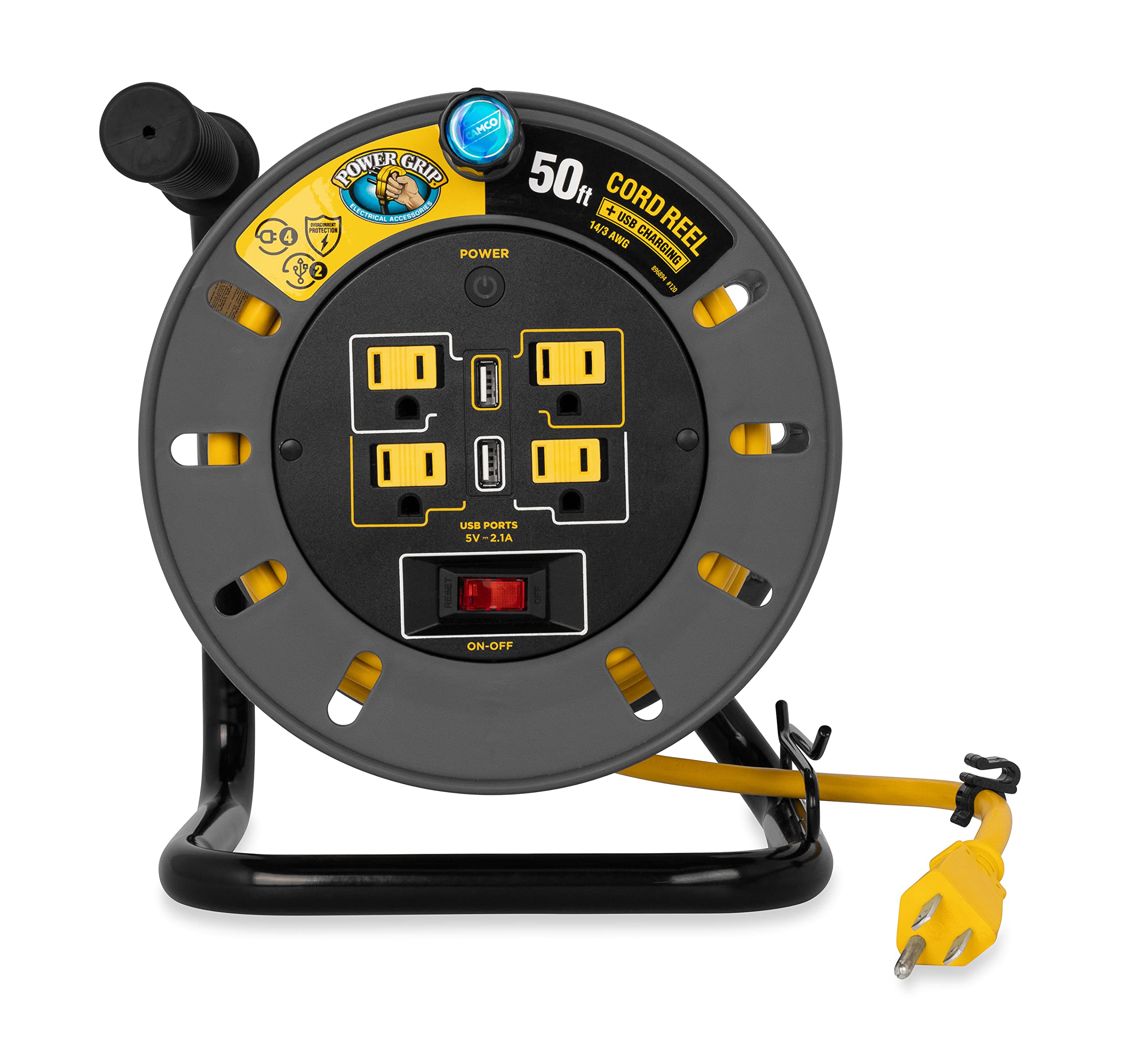 50-Ft Camco 13 Amp RV Extension Cord Reel - Rated for 125V / 1,625W - Features 4 125V Electrical Outlets & 2 USB Ports - Includes On/Off Switch & Built-in Circuit Breaker (55291)