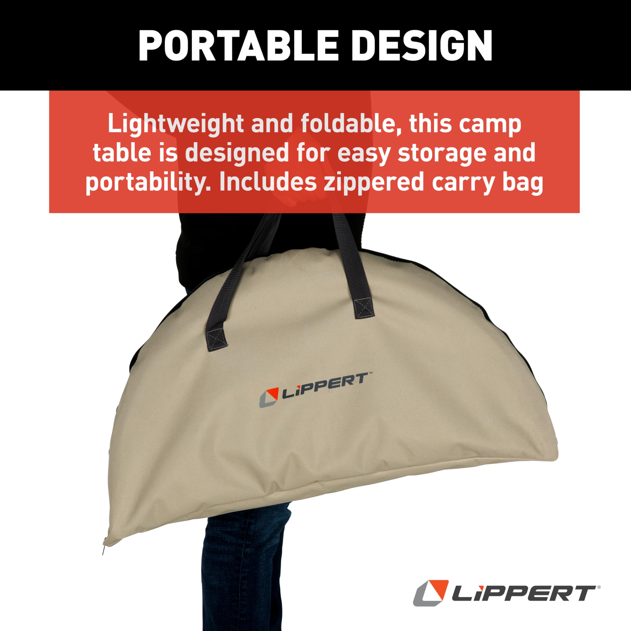Lippert Two-Tier Sand Folding Camping Table with Dual Cupholders, 600D Polyester Fabric, Powder-Coated Steel Frame, Foldable Design, Lightweight Construction, Zippered Carry Bag - 2023053721