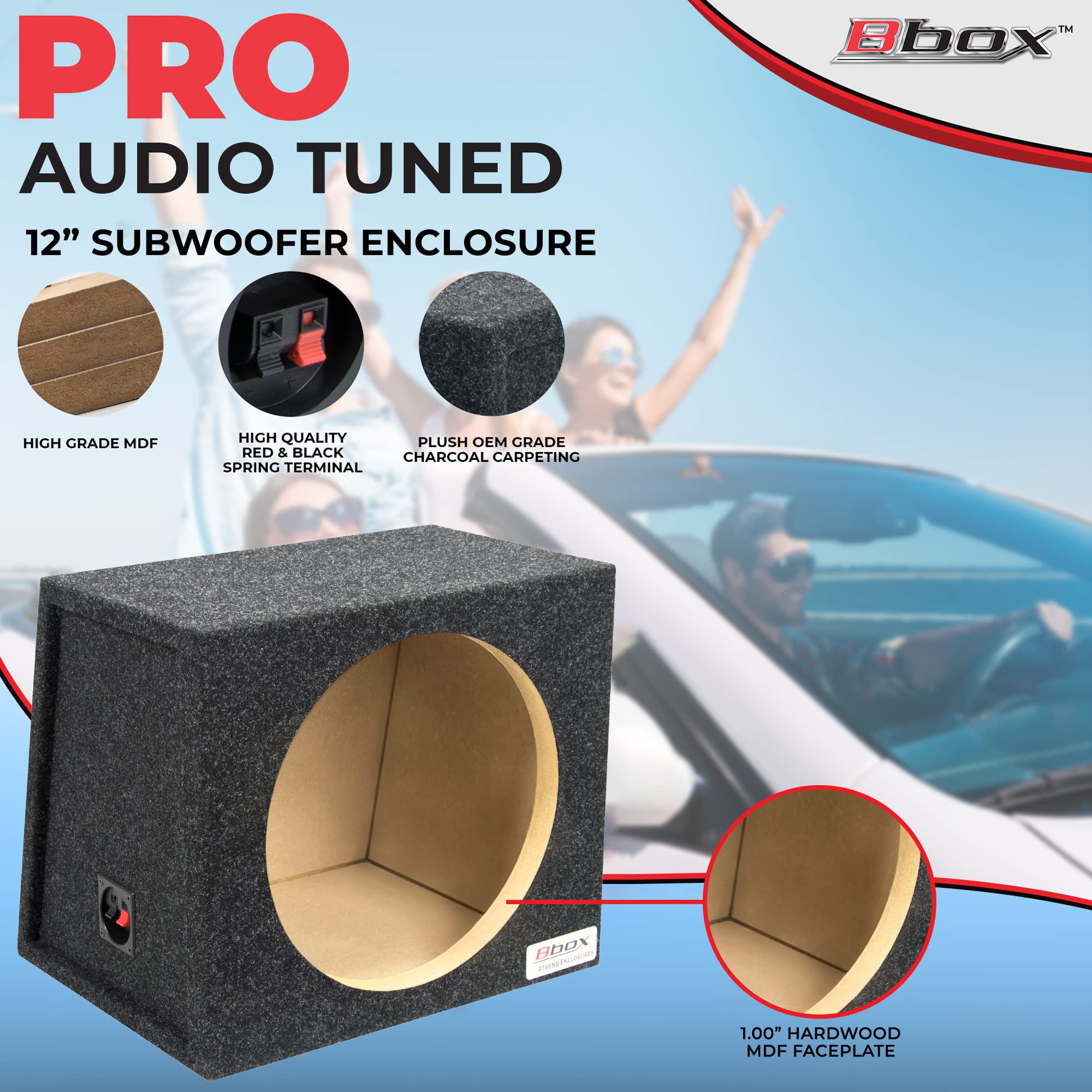 Atrend Bbox 12 Inch Single Sealed Subwoofer Enclosure - Car Subwoofer Boxes & Enclosures - Premium Subwoofer Box Sound & Bass Improves Audio Quality - Red & Black Spring Terminals - Charcoal
