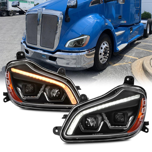 Fit AKKON 2013-2019 Kenworth T680 Class 8 Truck LED Sequential Switchback Black Dual Projector Headlights Driver+Passenger
