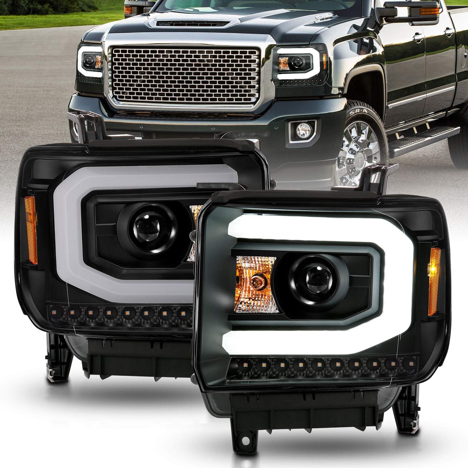 2014-2015 GMC Sierra 1500 ANZO (111513) Projector Headlights w/Light Bar Black Housing (Halogen Type)
