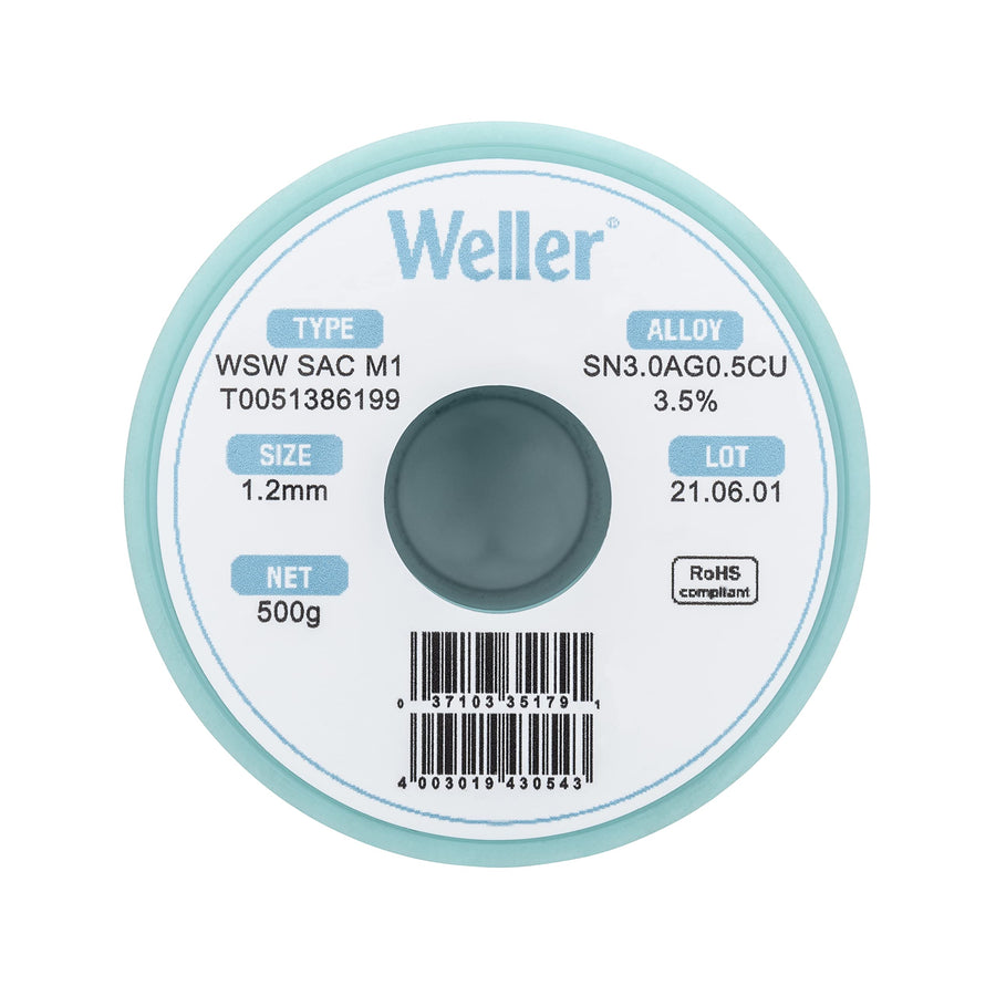 Weller Lead Free Solder Wire WSW SAC M1 (T0051386199), Dia: 1.2 mm / 0.047 in, Wt: 500 g / 17.637 oz, Alloy Sn96.5Ag3.0Cu0.5, Flux content 3.5%