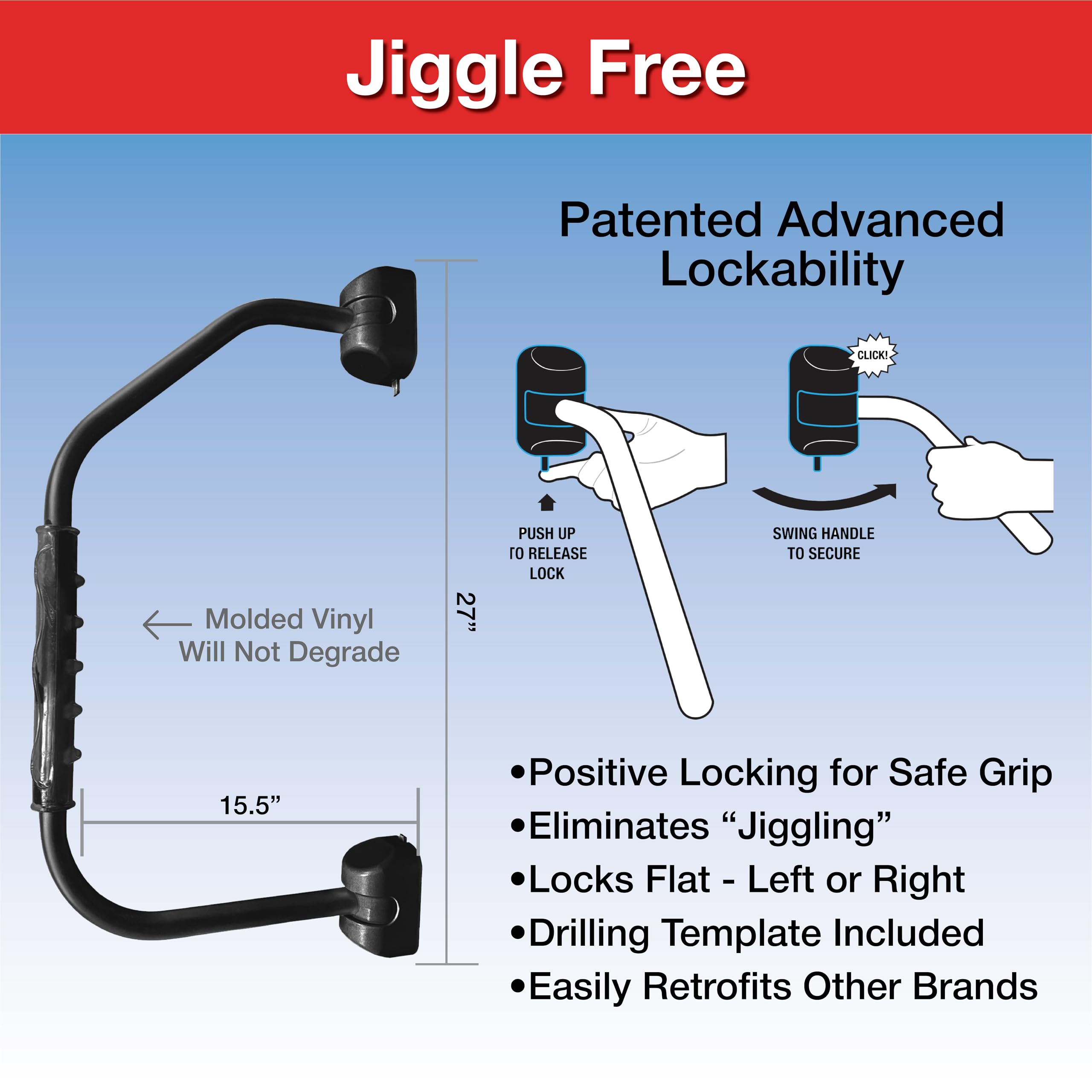 GripSafe RV Designer R227 Handrail Assist - Locking Folding Aluminum Grab Handle with Notched Grip - Safe Entry Assist for RV Door - Easy Installation, 27 Inch, Black