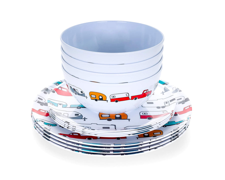 Camco Dishware Set Life is Better at the Campsite | Includes (4) large dinner plates, (4) small salad plates and (4) bowls | Top rack dishwasher safe | Multi-color RV and truck design (53295)