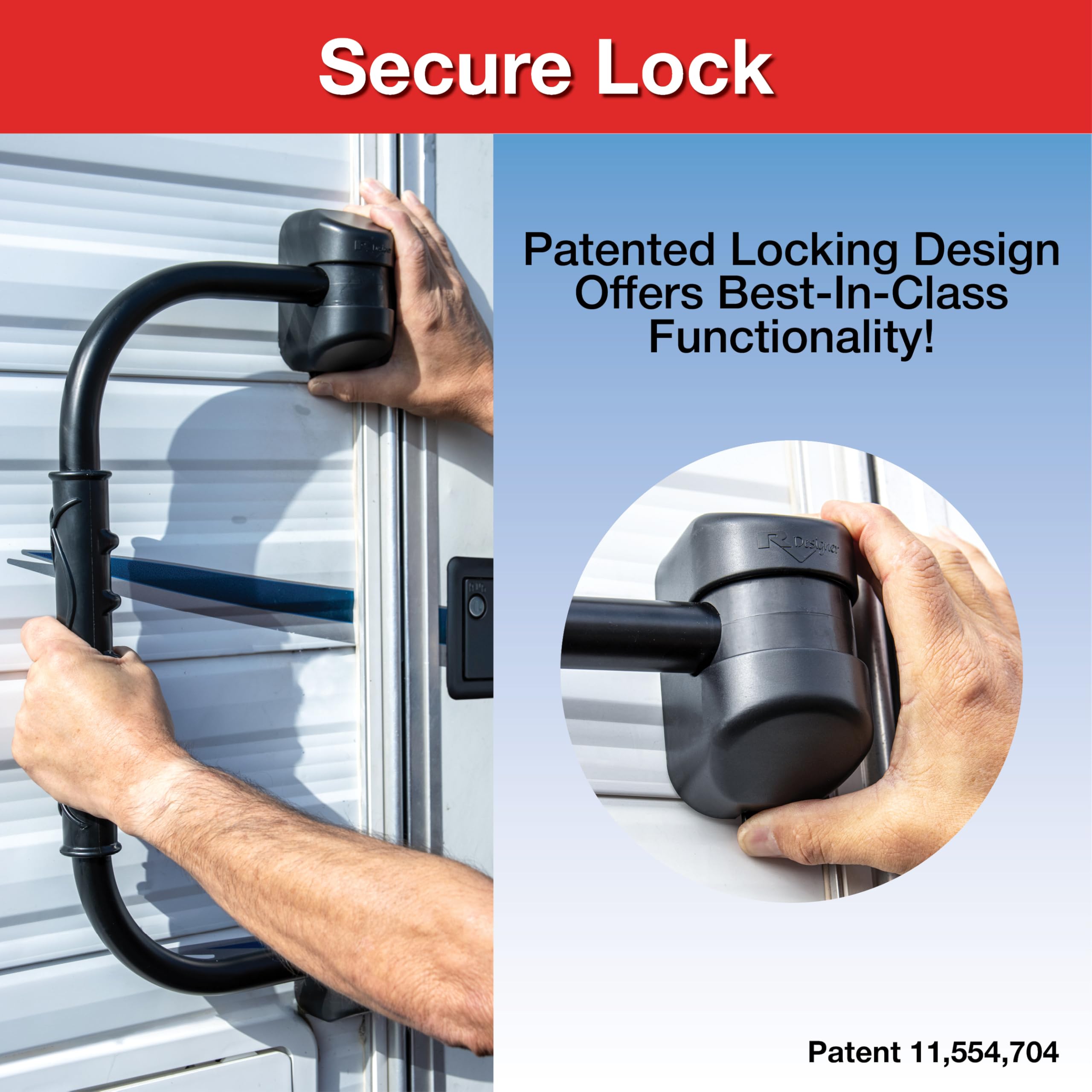 GripSafe RV Designer R222 Handrail Assist - Locking Folding Aluminum Grab Handle with Notched Grip - Safe Entry Assist for RV Door - Easy Installation, 22 Inch, Black