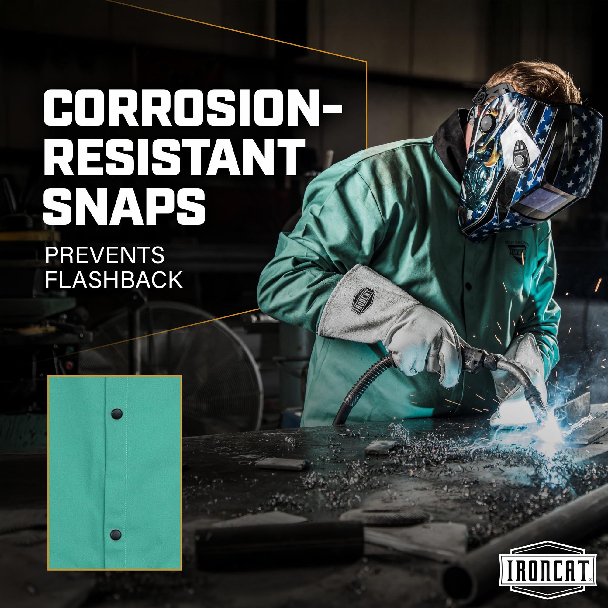 FR Treated Ironcat Cotton Sateen Jacket, 9 oz., Anodized Snaps, Interior Pocket, Pop-up Welders Collar, Scribe Pocket, Green, Small (7050/S)
