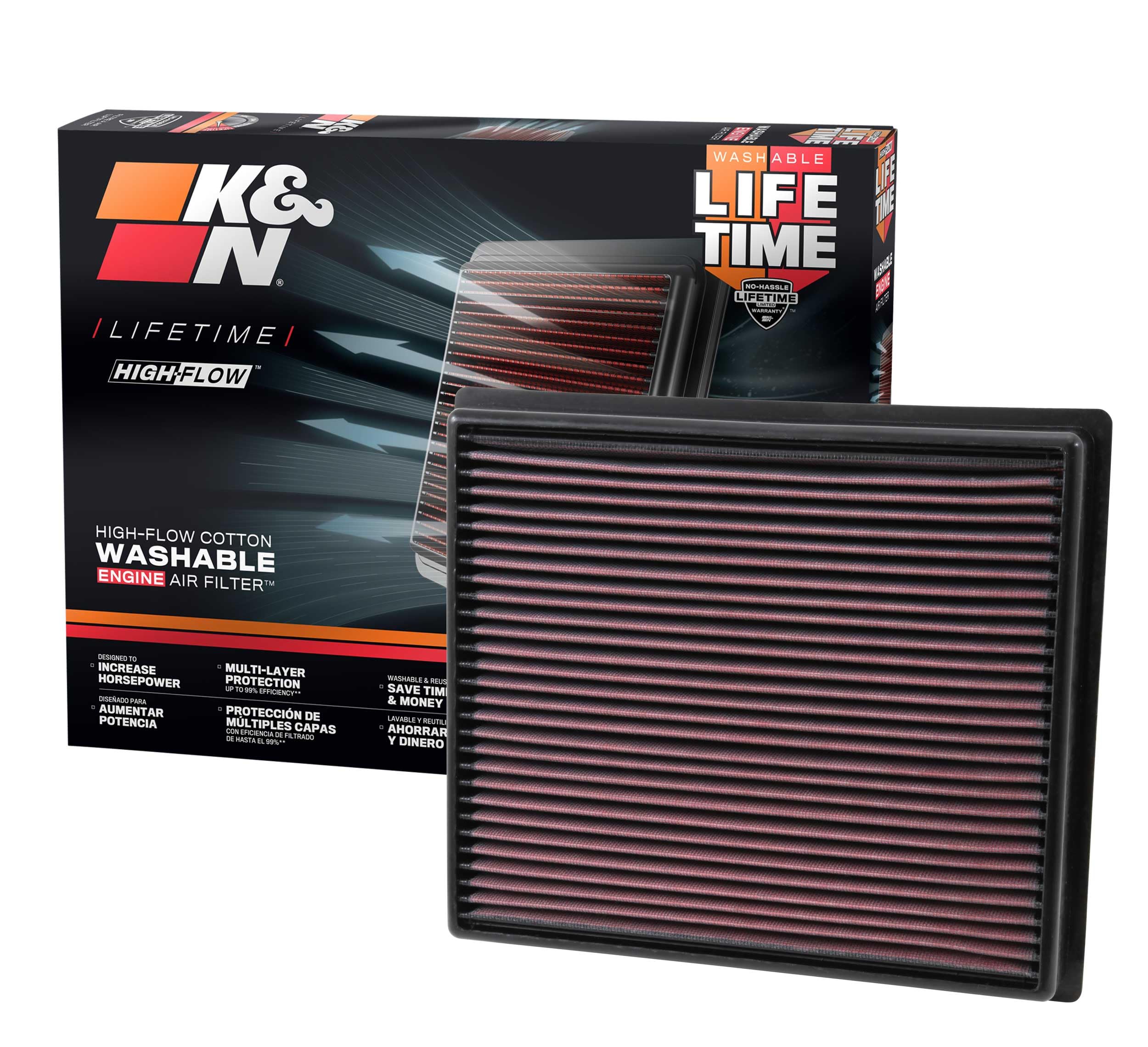 High-Flow K&N Original Lifetime Engine Air Filter: Increase Power: Premium, Washable: Compatible with 2014-2024 TOYOTA: Tacoma, Tundra, Sequoia, 33-5017