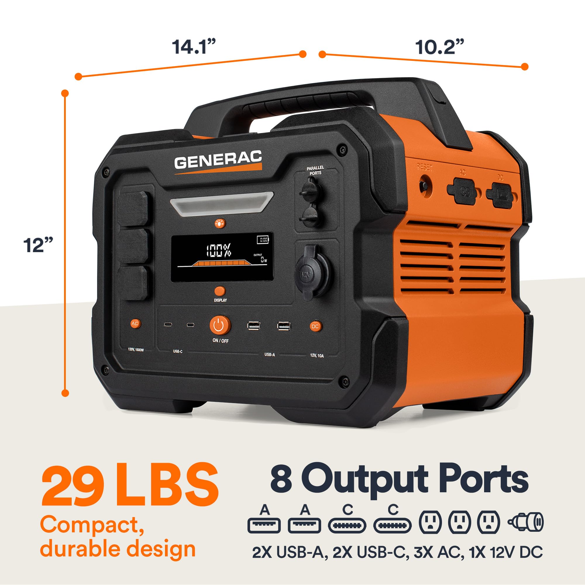 Portable Power Station Generac 1086Wh with Lithium-Ion Battery - Clean, Emission-Free Power - Wirless Charging Pad and Compact Design - Camping, RV, Indoor/Outdoor Use - Orange/Black