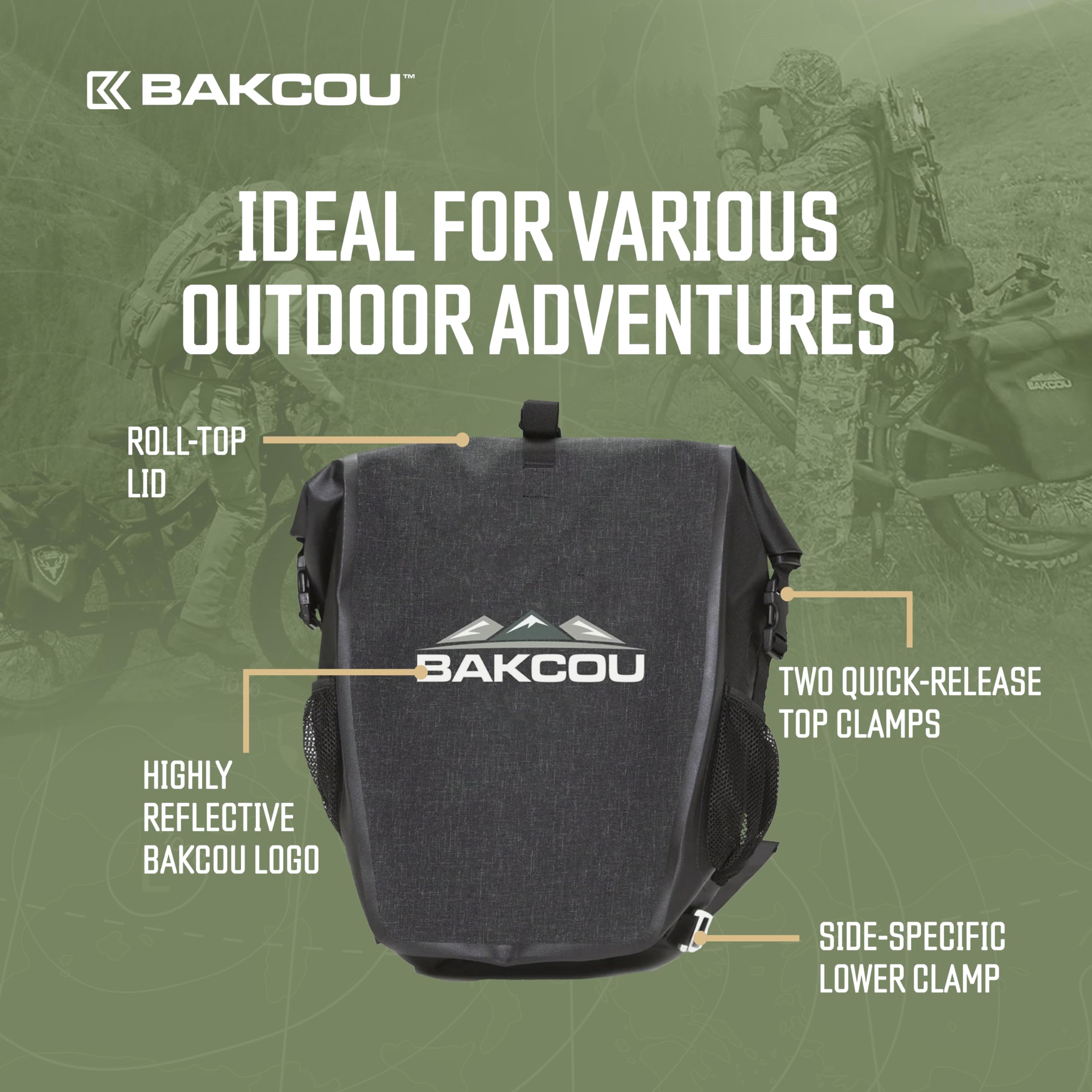 Pannier Bags - Bakcou Set of 2 Waterproof, Lightweight, Sturdy, Anti-Puncture Canvas, Quick Release Clamps, Reflective Logo - 20L Capacity