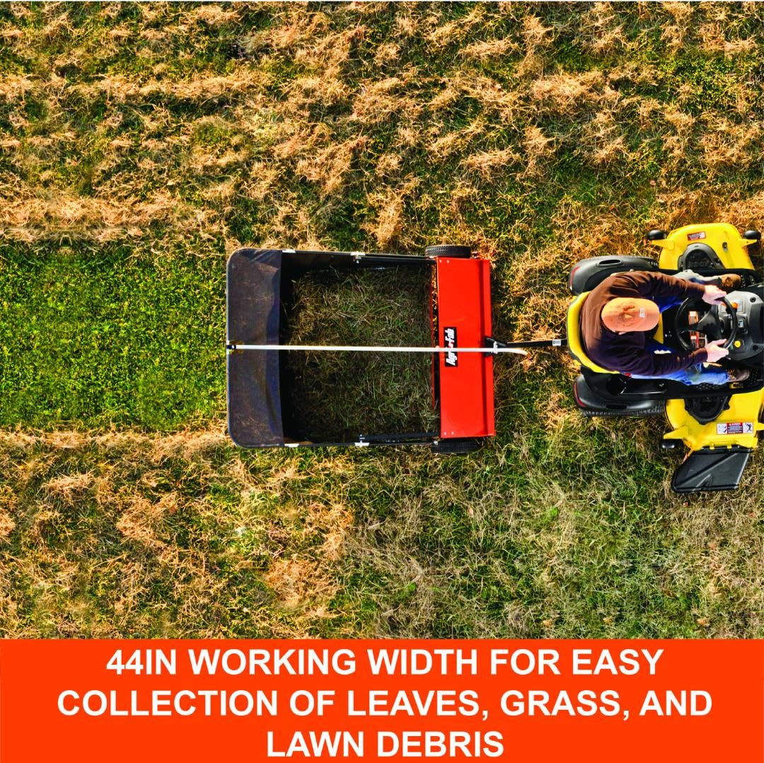 44" Agri-Fab Tow-Behind Lawn Sweeper, 28 cu. ft Hopper Bag Capacity; Leaf & Grass Catcher, with Adjustable Brush Height and Dump From Seat Handle
