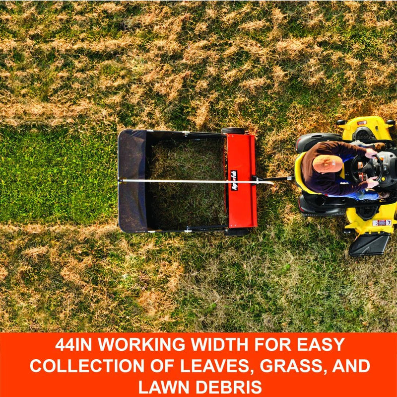 44" Agri-Fab Tow-Behind Lawn Sweeper, 28 cu. ft Hopper Bag Capacity; Leaf & Grass Catcher, with Adjustable Brush Height and Dump From Seat Handle