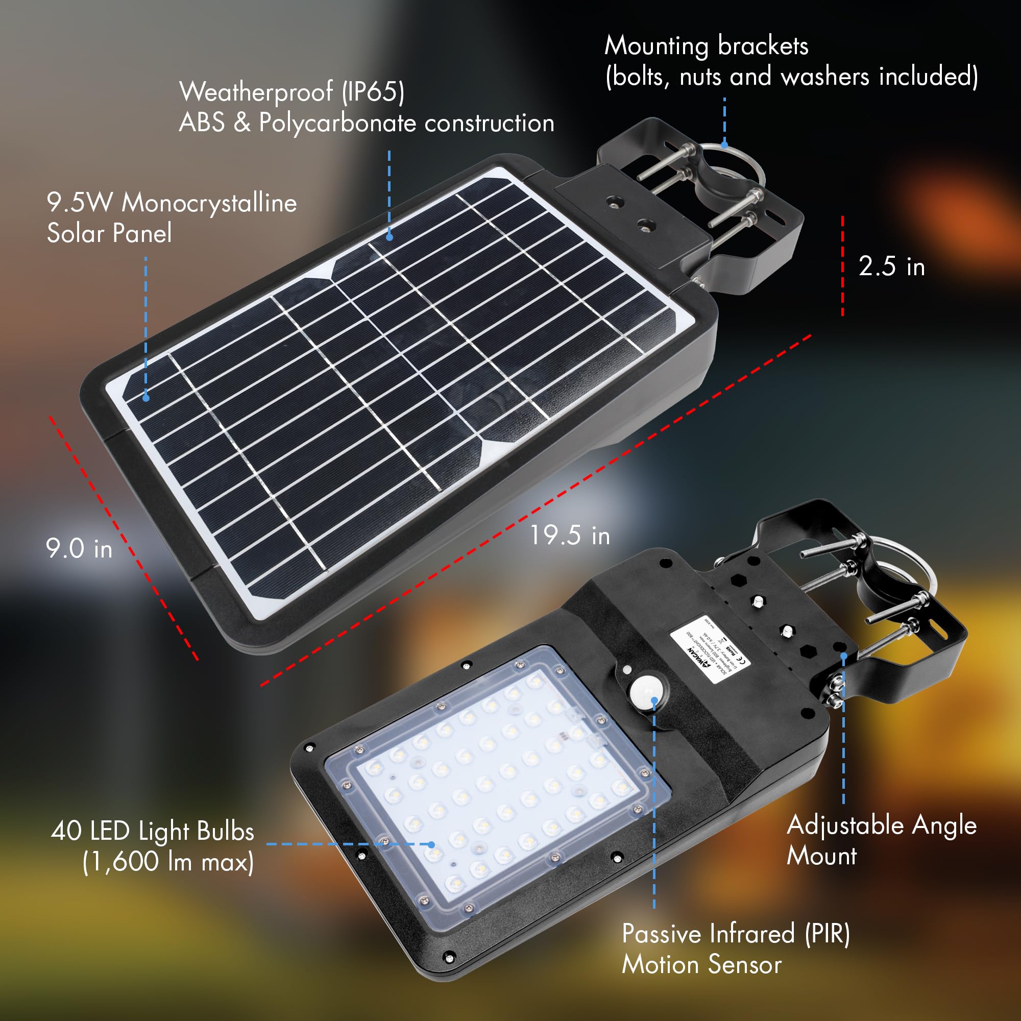 Wagan 1600 Lumen EL8586 Integrated Solar Street Lamp Security Flood Light Motion Sensor Waterproof Weatherproof Dusk to Dawn Solar LED Light Lamp for Outdoor Garden Yard Path Parking Lot