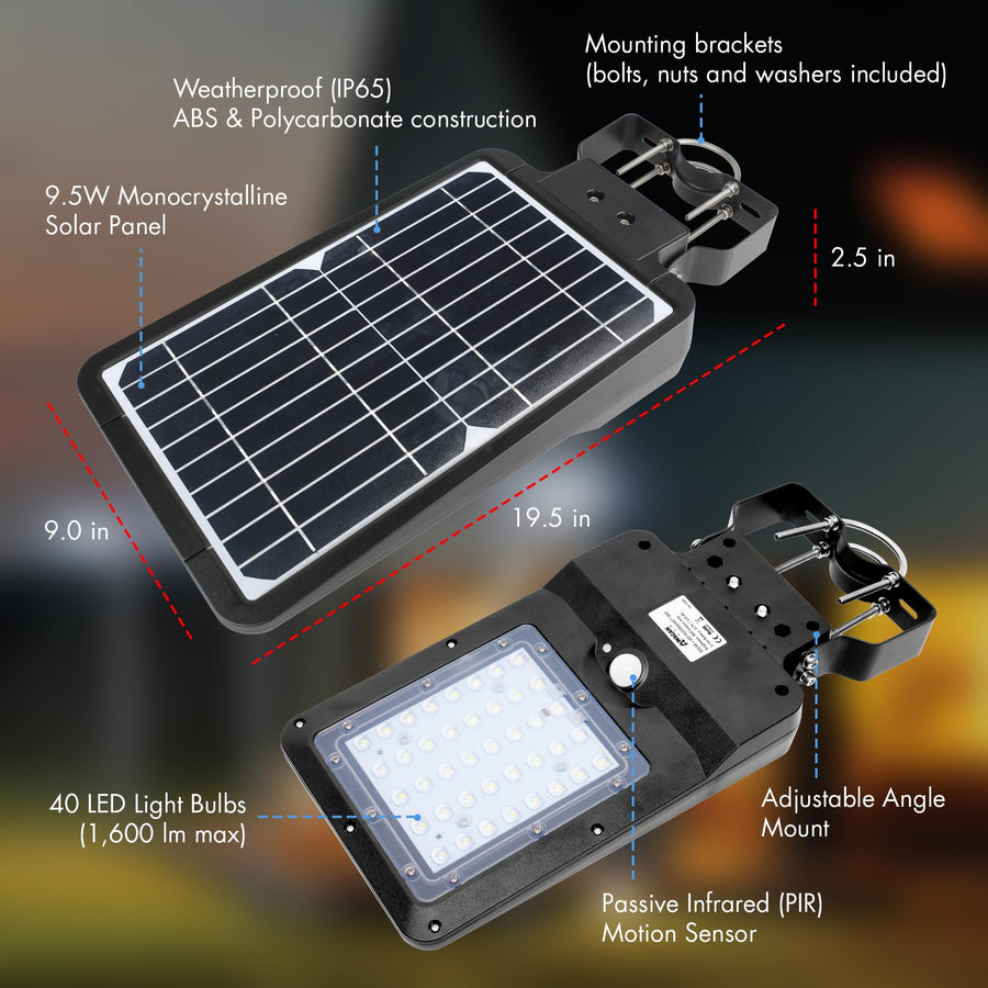 Wagan 1600 Lumen EL8586 Integrated Solar Street Lamp Security Flood Light Motion Sensor Waterproof Weatherproof Dusk to Dawn Solar LED Light Lamp for Outdoor Garden Yard Path Parking Lot