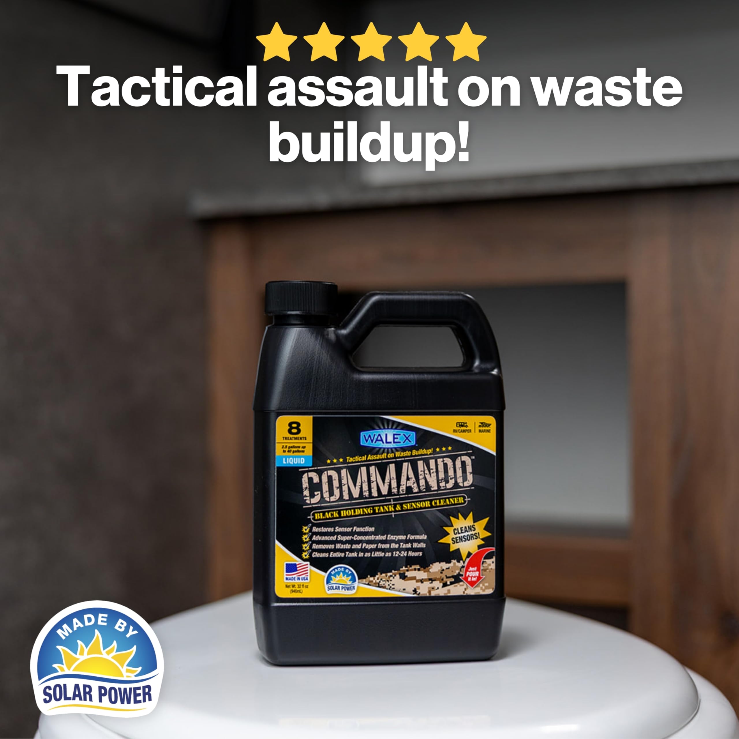 Commando Liquid Walex Black Holding Tank and Sensor Cleaner for RV, Camper & Marine - Rapid Breakdown of Waste & Toilet Paper, Cleans Entire Tank within 12-24 Hours, Restores Sensor Function, 32oz
