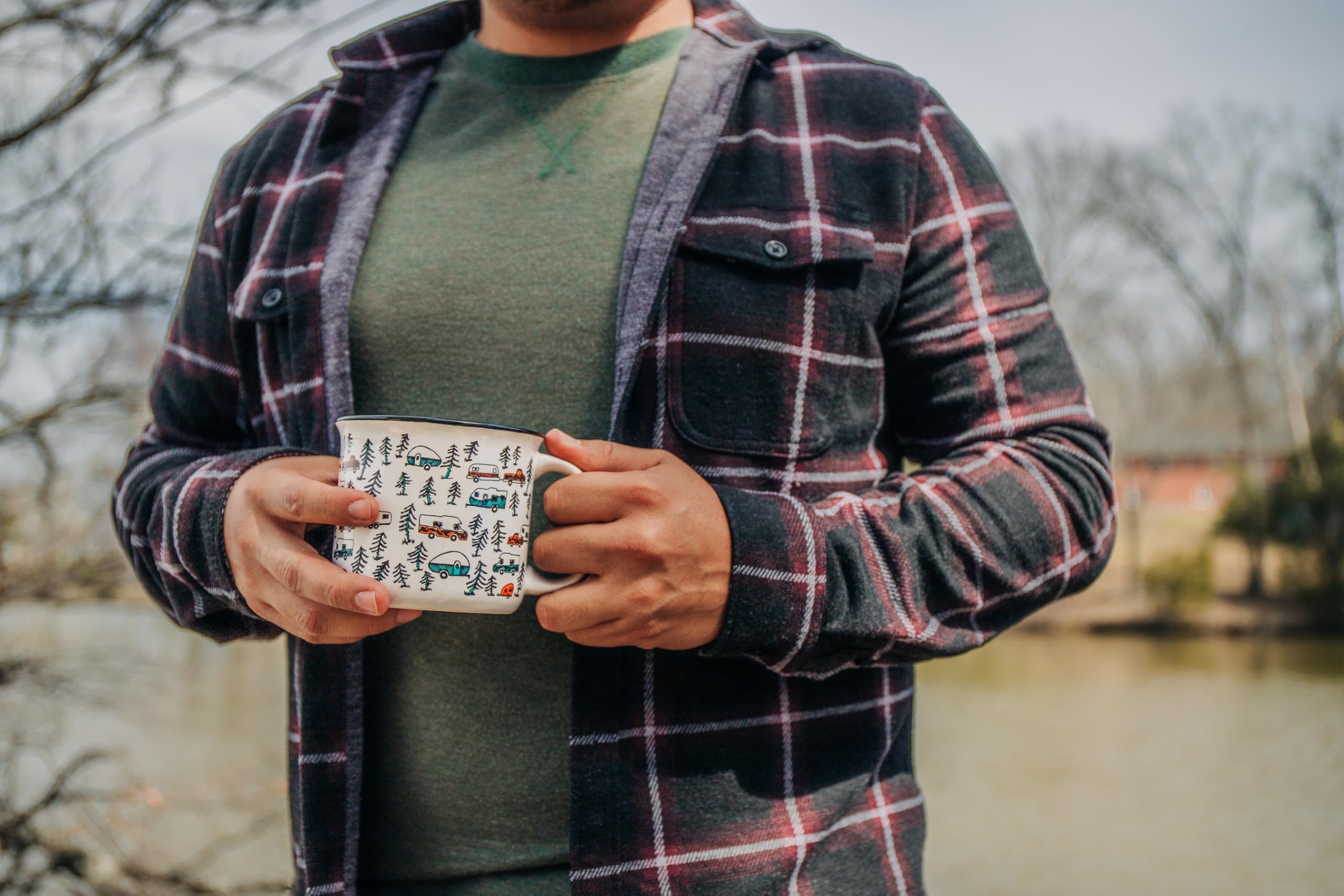 Camco Ceramic Coffee Mug is Better at The Campsite - Microwave and Dishwasher Safe - Features Sketched RVs Design - Coffee Cup Holds 14oz. (53383)