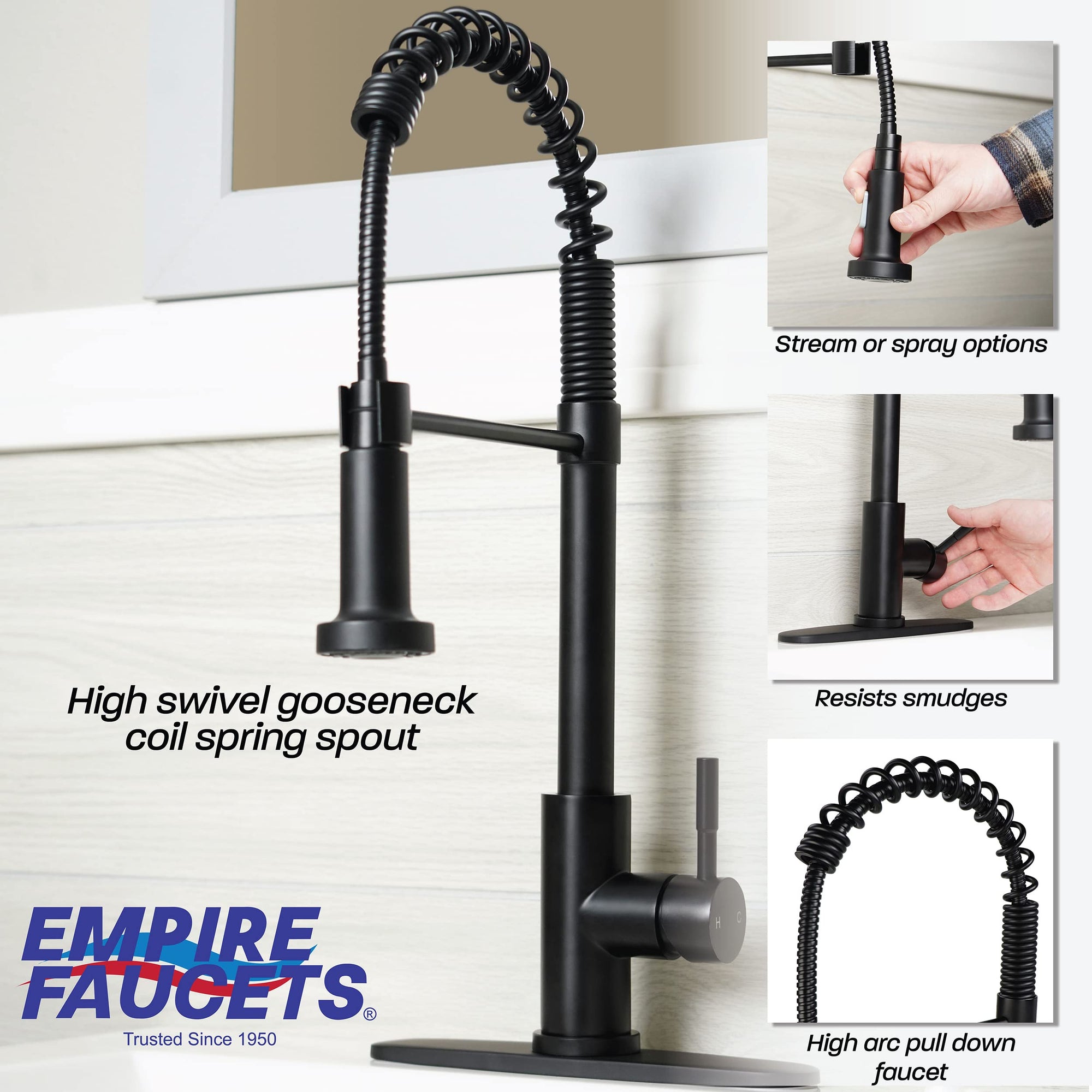 Kitchen Sink Faucet Empire Faucet - Black Brushed Nickel Pull Down Sprayer and Optional Deck Plate