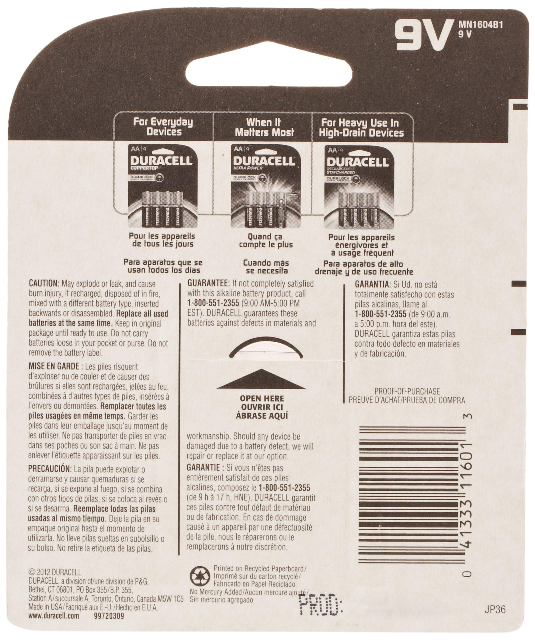 9V Duracell Alkaline Battery, 1 Count