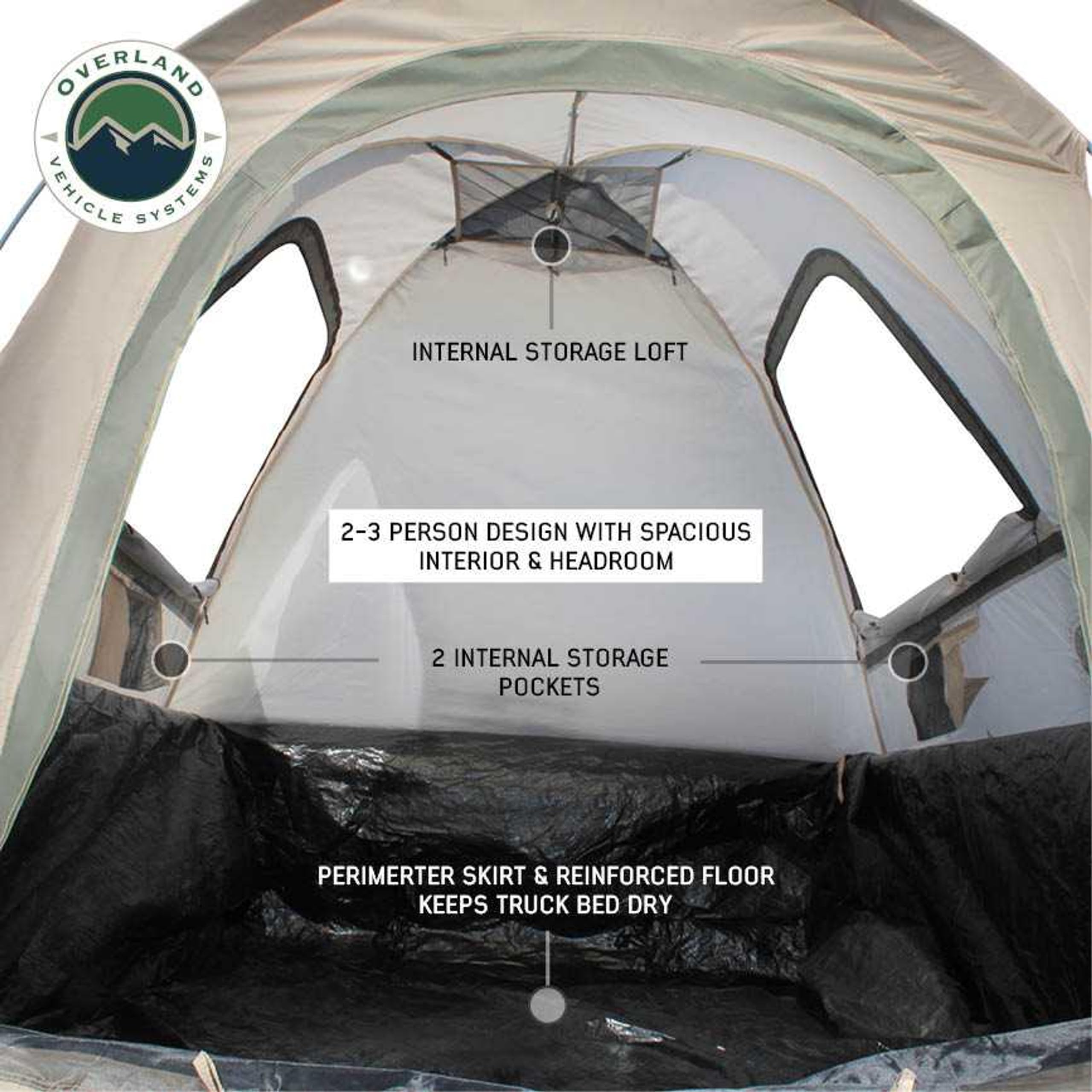 LD TACT Overland Vehicle Systems Truck Bed Tents - Tan Body & Green Rainfly 2-3 Person Tents (Full-Size Truck - 6.5' Bed) - Premium 420D Material - Perimeter Skirt and Reinforced Floor