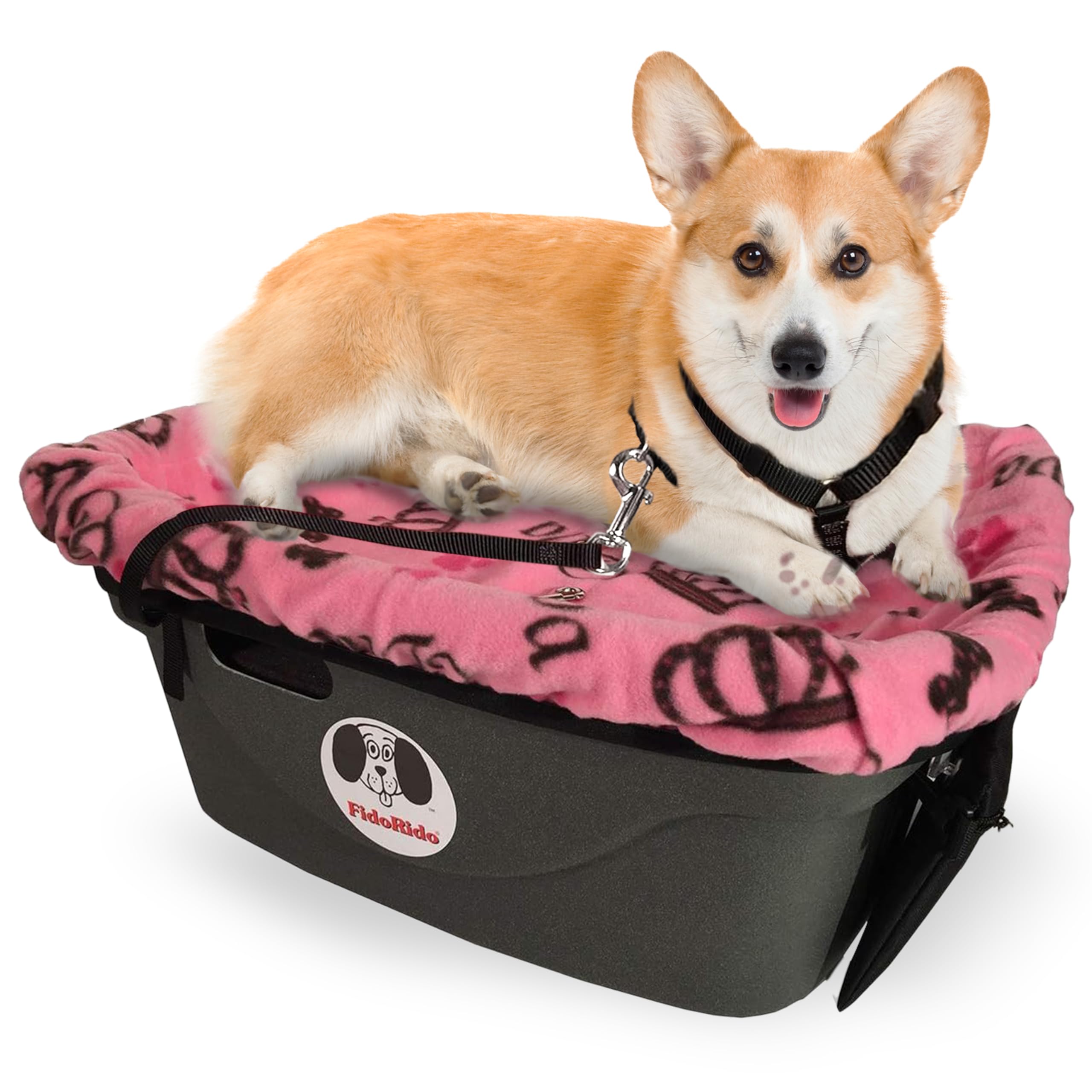 Dog Car Seat FidoRido - Booster Seat for Small to Medium Dogs with Comfortable Cushions, Sherpa Cover, and Safety Straps, Easy to Install, Ideal for Travel, Pink Diva - Medium Harness