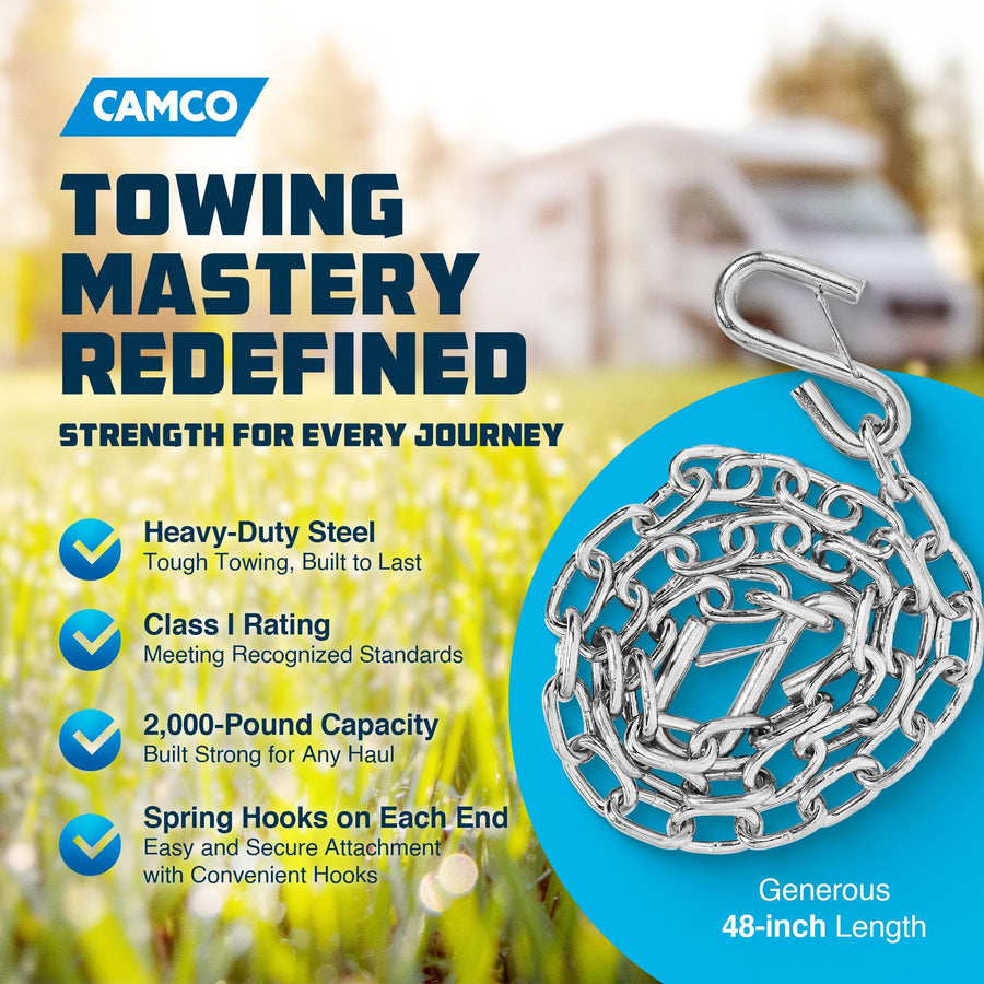 Camco 48" Heavy Duty Steel Safety Chain with Spring Hooks - Secures Tow Vehicle to Trailer | Class I 2,000 lb Capacity | Great for RV, Trailer, and Boat Towing | Rust Resistant - (50022)