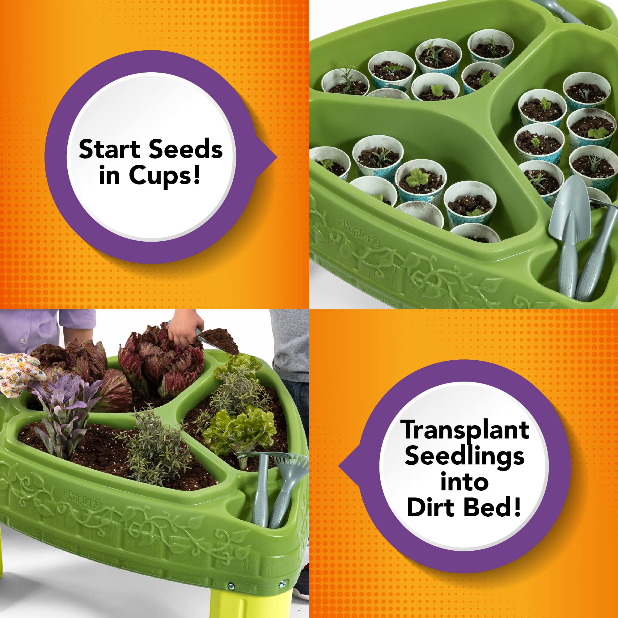 Simplay3 Raised Garden Planter Seed to Sprout, Kids Outdoor Kit with Garden Tools for Growing Flowers or Vegetables, Green, Made in USA