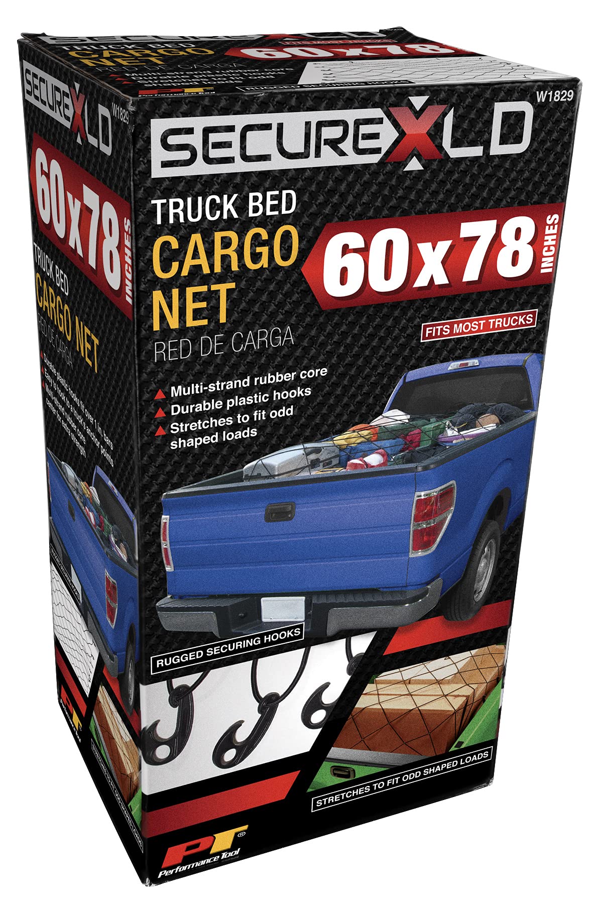 60-Inch X 78-Inch Performance Tool W1829 Cargo Net - Heavy Duty Truck Bed Bungee Net with 12 Steel Hooks for Securing and Stabilizing Loads