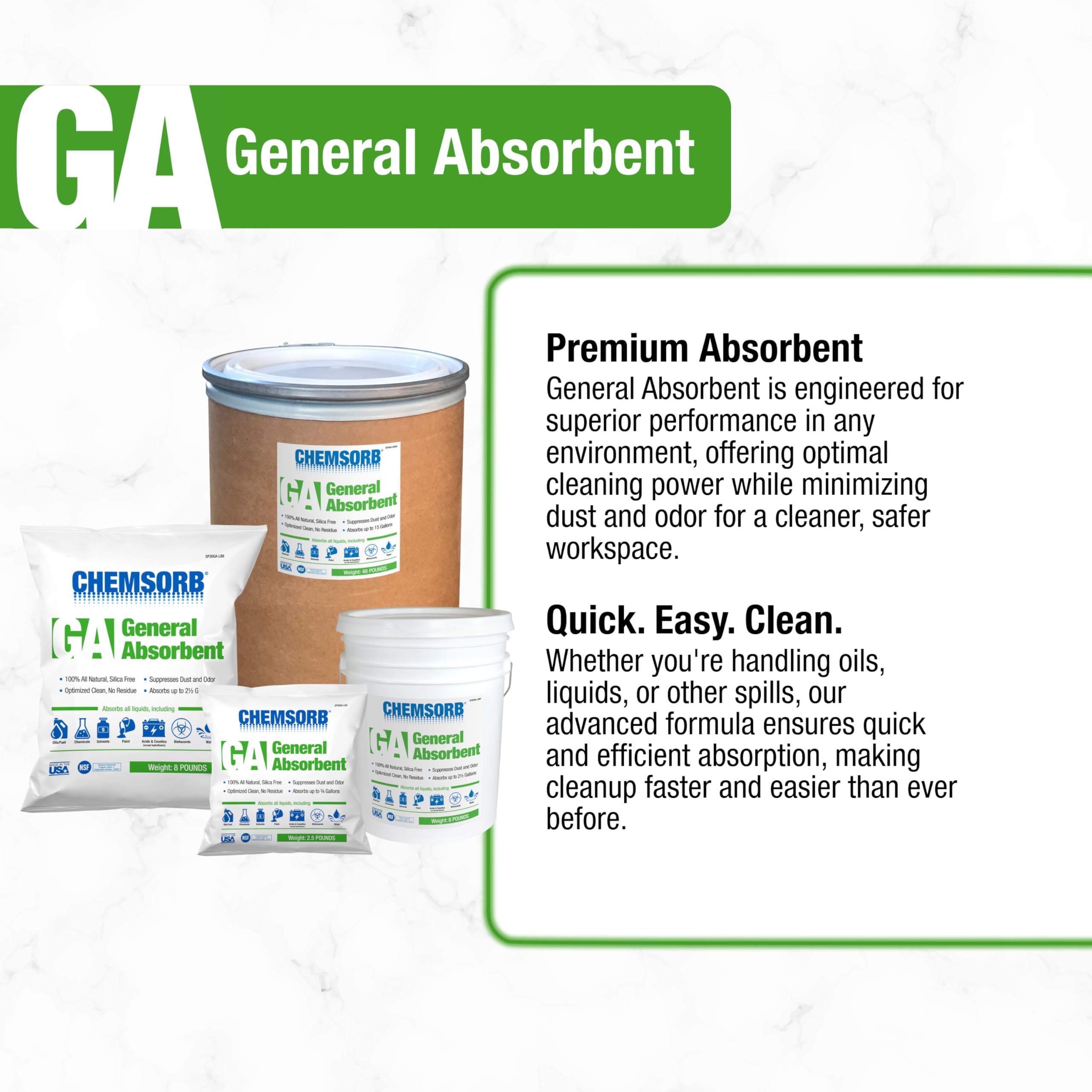 General Absorbent Chemsorb GA - 1 Gal. Bag, SP30GA-L1B, Light Weight Spill Response, Universal Absorbent, Silica Free, Absorb: Oil, Grease, Chemicals, Solvents, Diesel Fuel, White