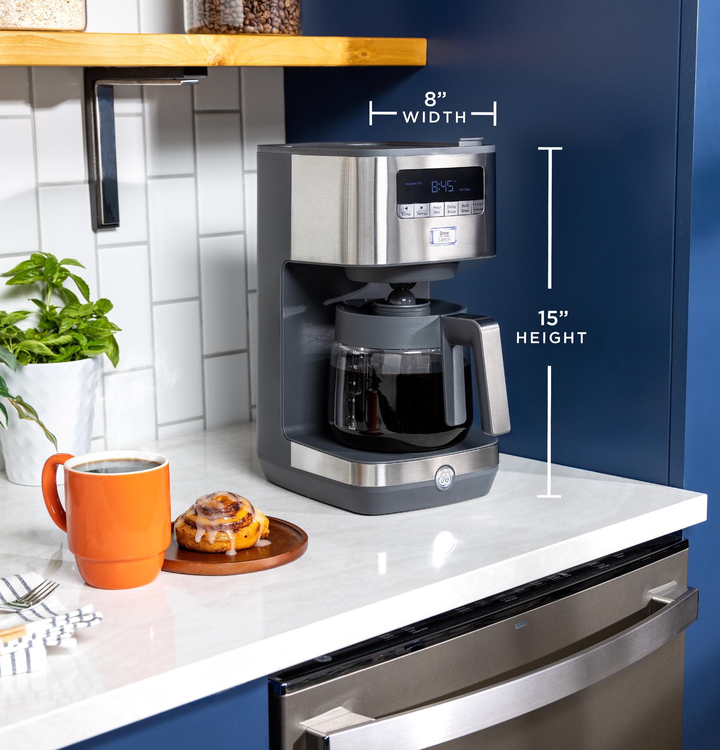 Drip Coffee Maker GE With Timer | 12-Cup Glass Carafe Coffee Pot With Adjustable Keep Warm Plate | Wide Shower Head for Maximum Flavor | Kitchen Essentials | Stainless Steel