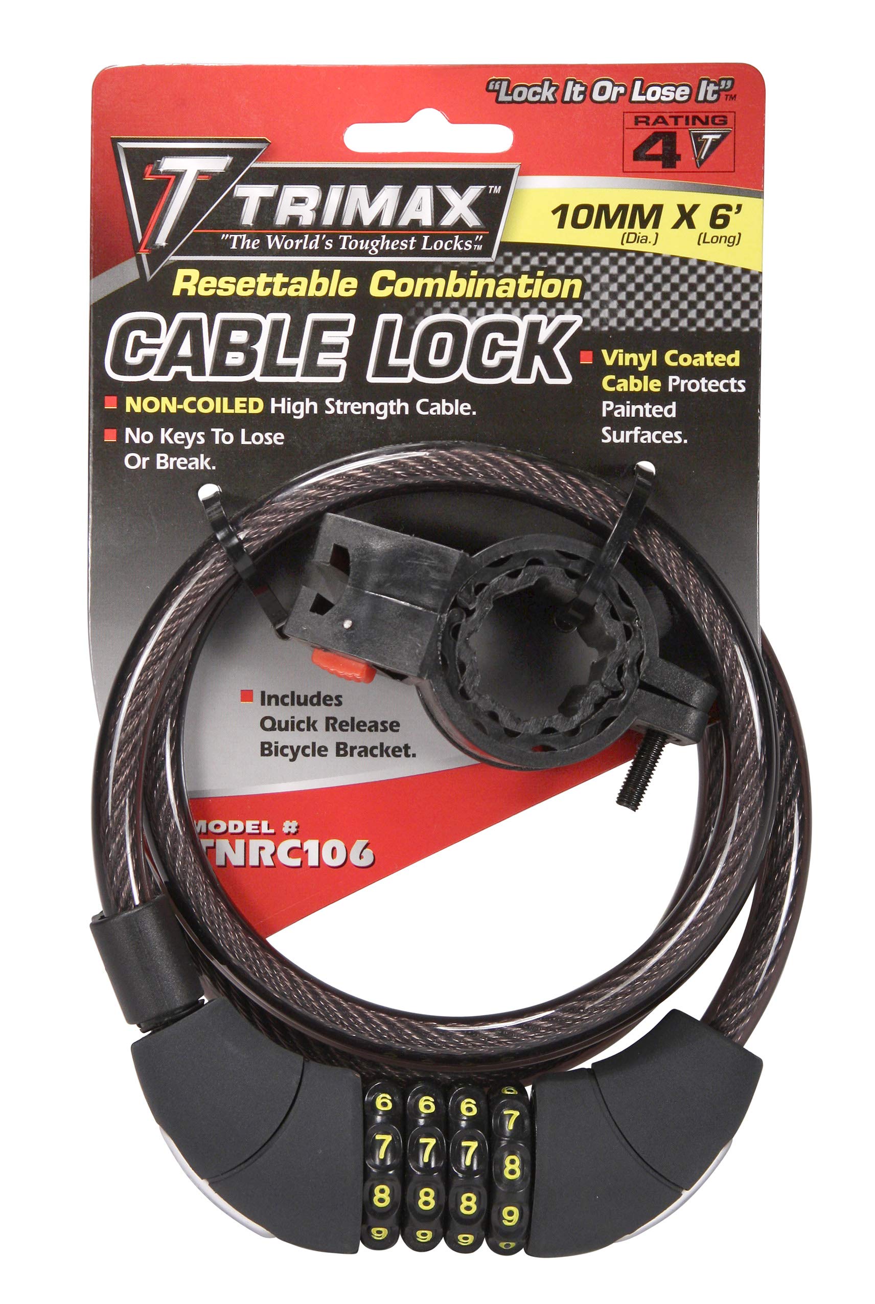 72" Trimax TNRC106 x 10 mm Medium Security Non-Coiled Combination Cable Lock with Bracket