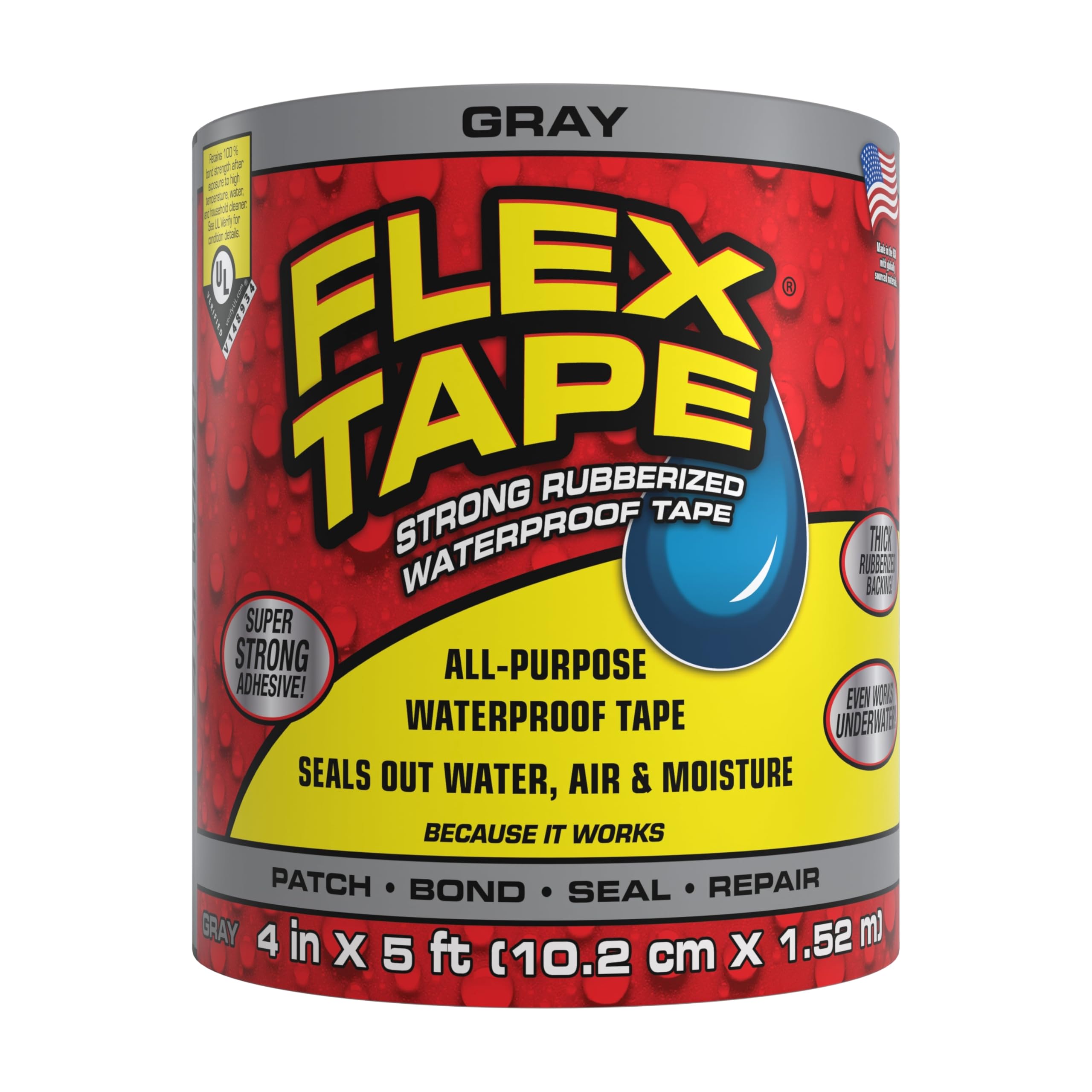 Original Flex Tape, Thick Flexible Rubberized Waterproof Tape - Seal and Patch Leaks, Works Underwater, Indoor Outdoor - Home RV Roof Plumbing and Pool Repairs, Gray, 4 in x 5 ft, Pack of 1