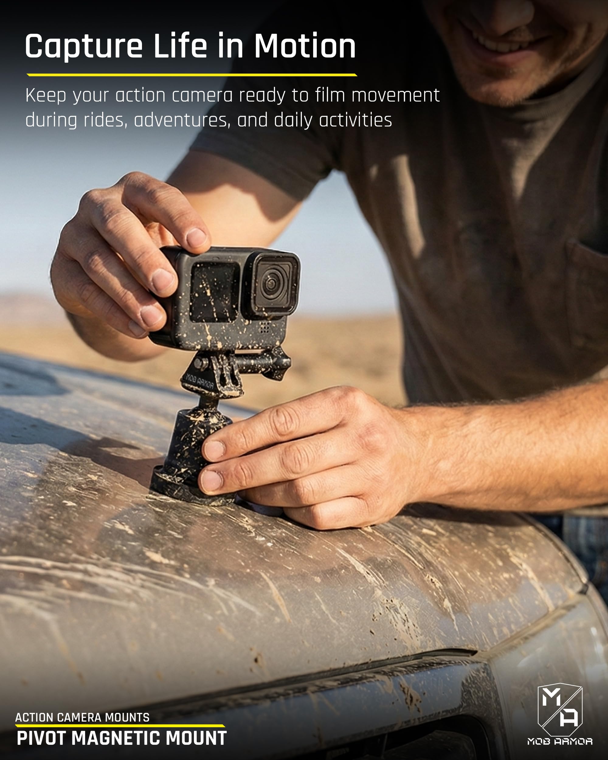 Mob Armor Pivot Mount Action Camera - Heavyduty Magnetic Base for GoPro and Action Cameras, Adjustable 90° Ball Joint, and Ultra-Strong 90 lb Pull-Force for Versatile Filming (5 x 5 x 5 Inches)