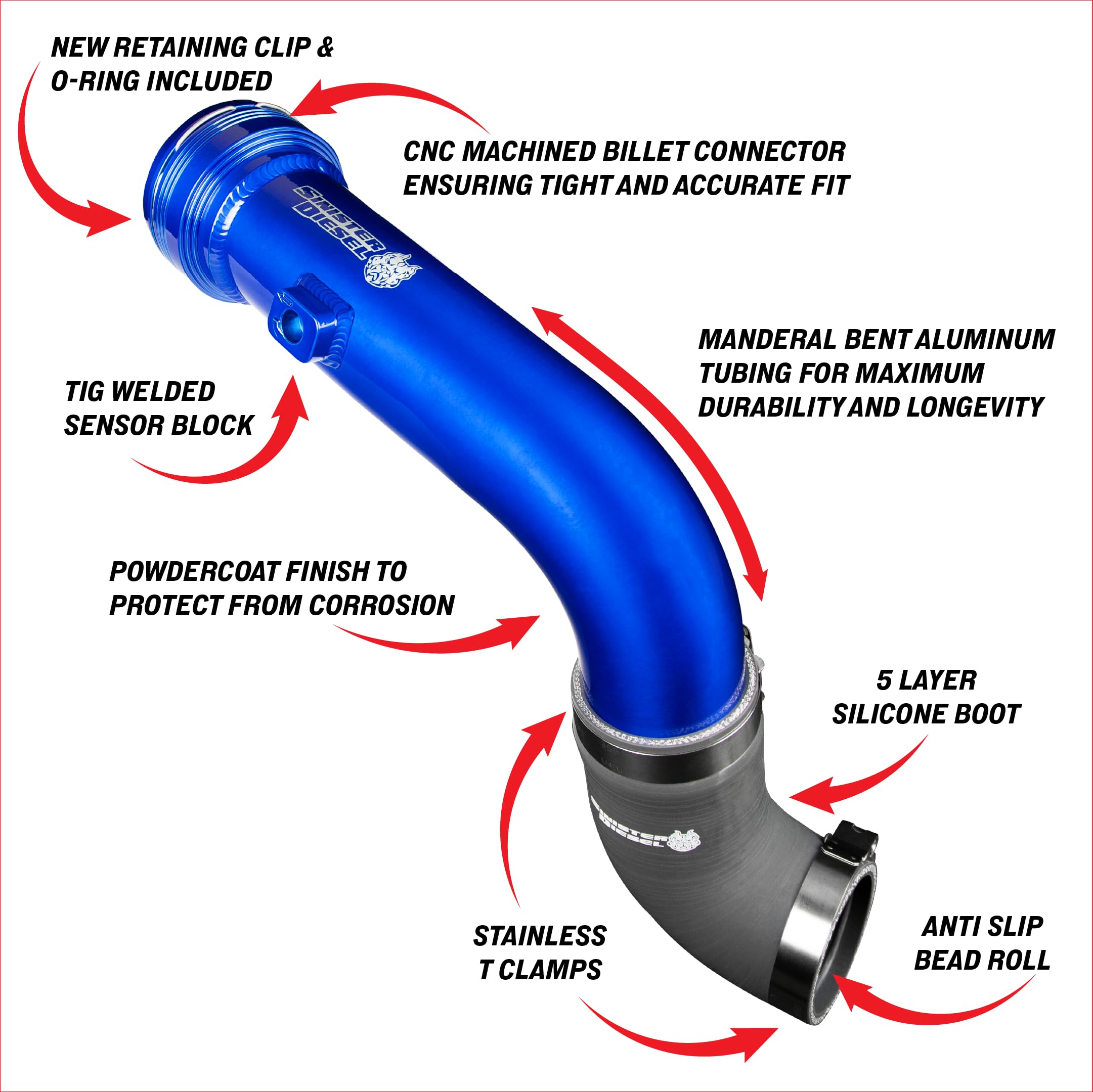 Cold Side Charge Pipe (Gray) Sinister Diesel for 2017–2024 Ford Powerstroke 6.7L | Replaces Factory Plastic Pipe | Heavy-Duty Aluminum Upgrade for Improved Durability